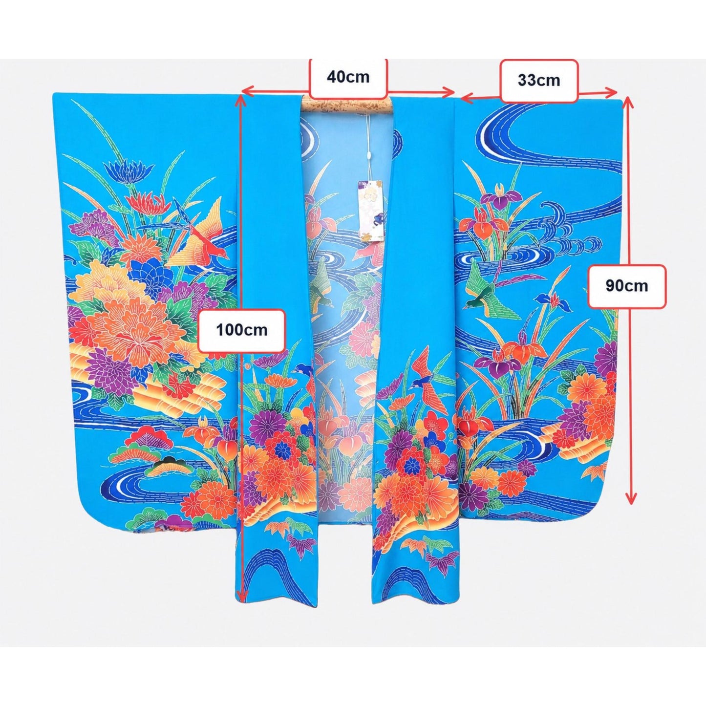 Kimono Cardigan Fluide en Soie – Bleu Éclatant à Motifs Floraux Traditionnels Bleu clair