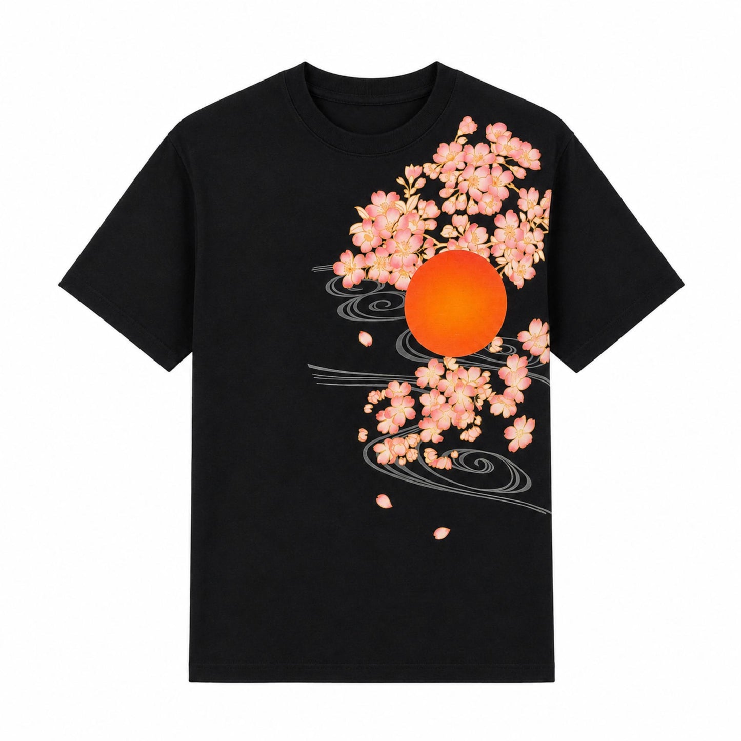 T-shirt à manches courtes - Tsuru et Cerisiers - Noir