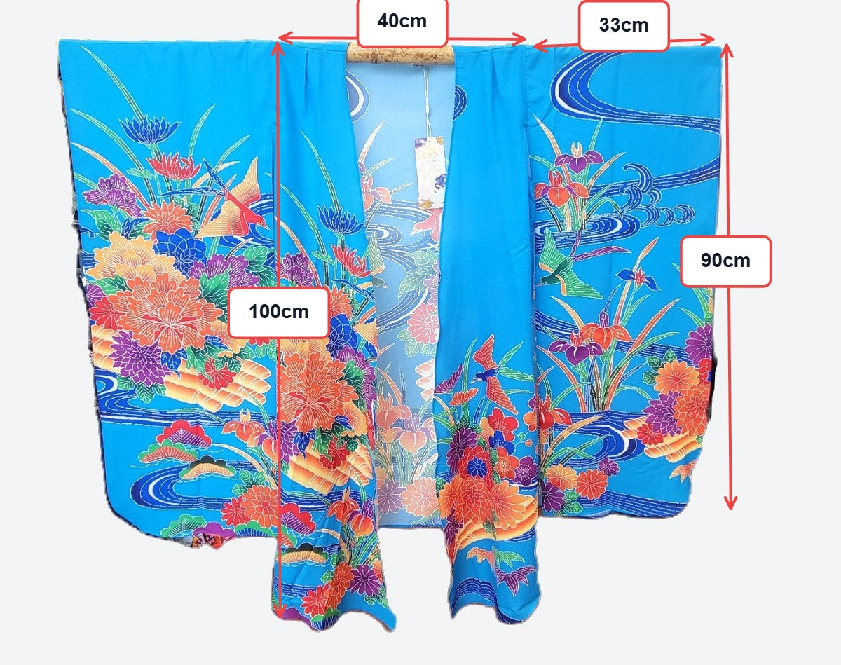 Kimono Cardigan Fluide en Soie – Bleu Éclatant à Motifs Floraux Traditionnels Bleu clair