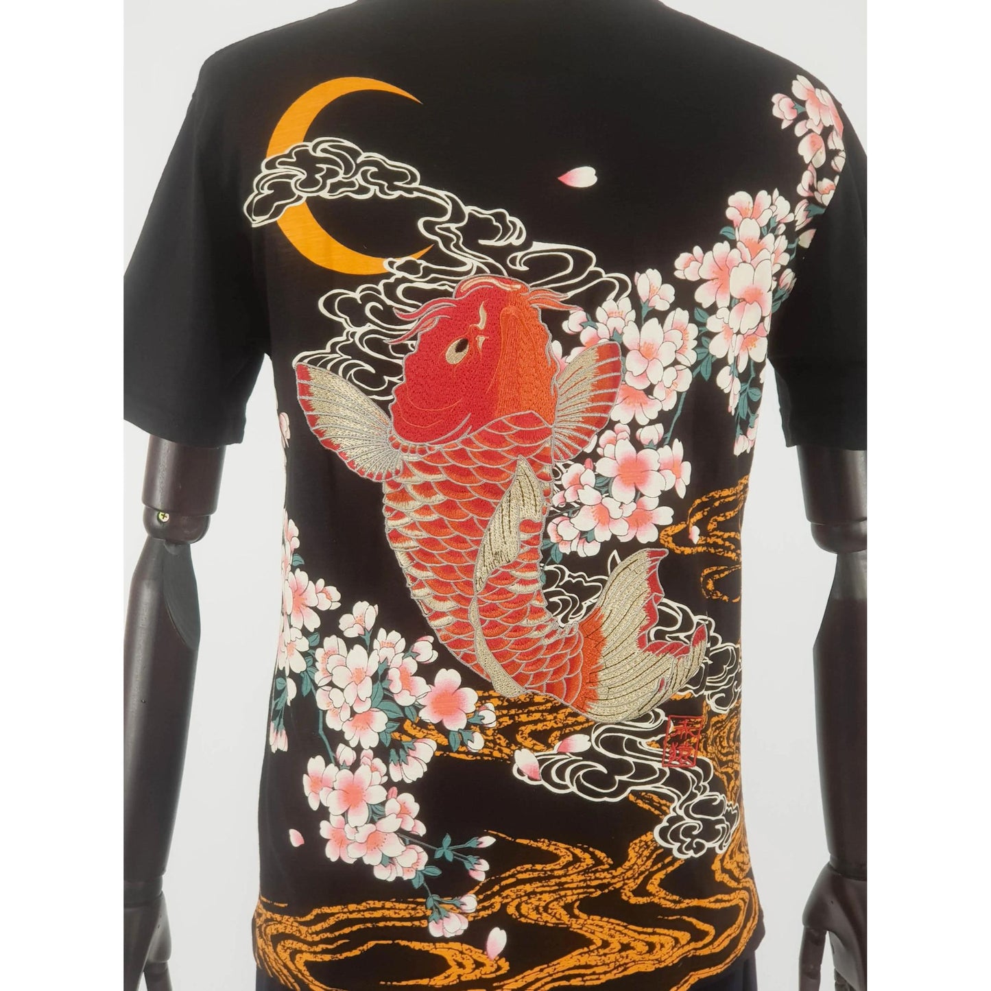 Black Short Sleeve T-Shirt - Red Koi and Moonlight