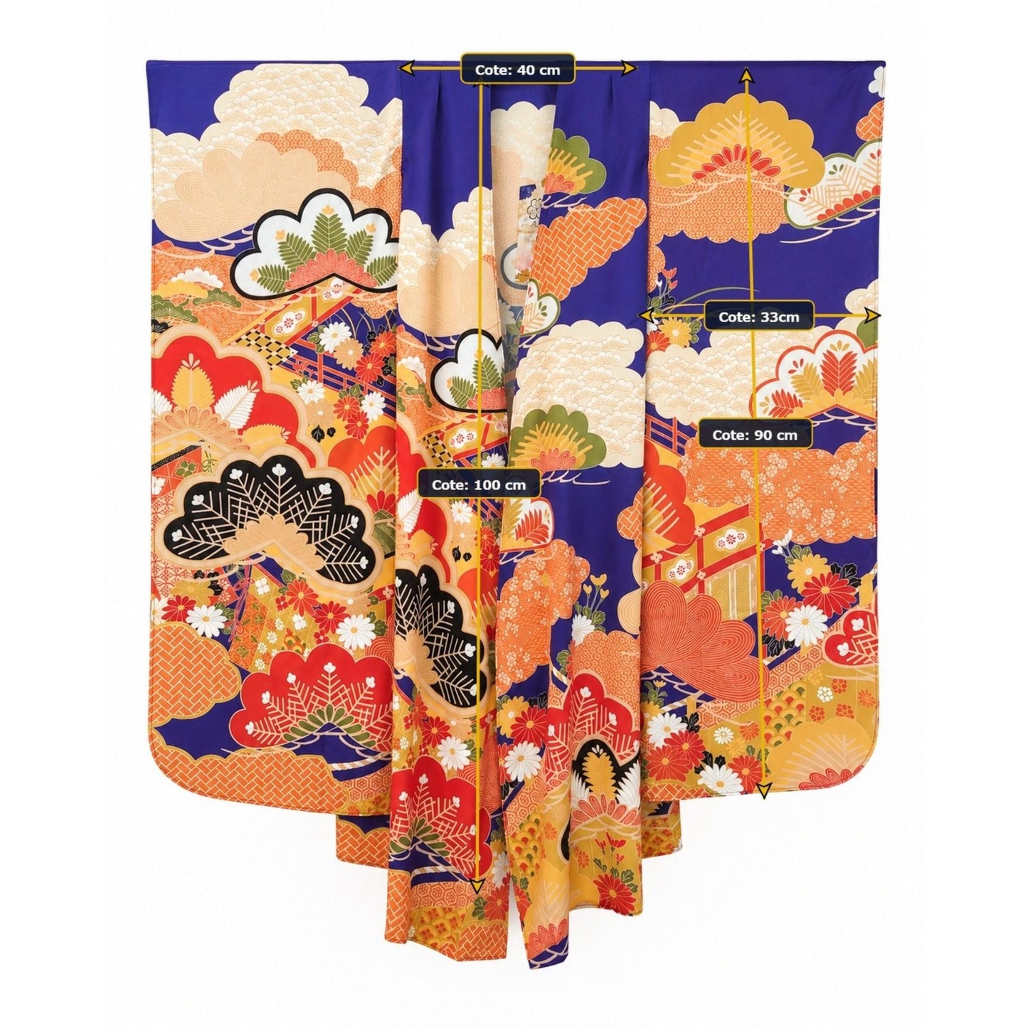 Kimono Cardigan Fluide en Soie – Bleu Éclatant à Motifs Floraux Traditionnels Bleu