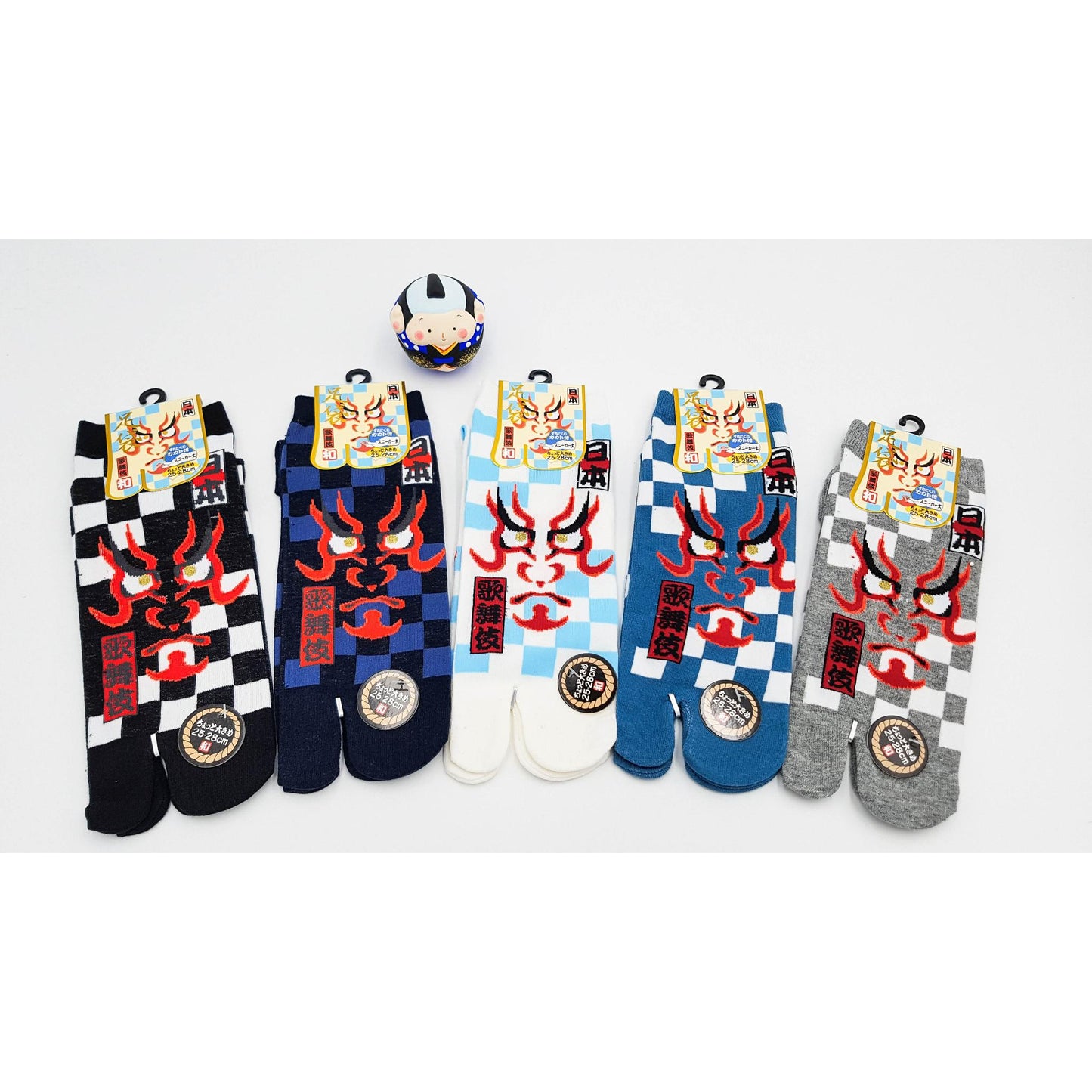 Chaussettes Japonaises Tabi en coton - Tête Kabuki et Damier Taille Large