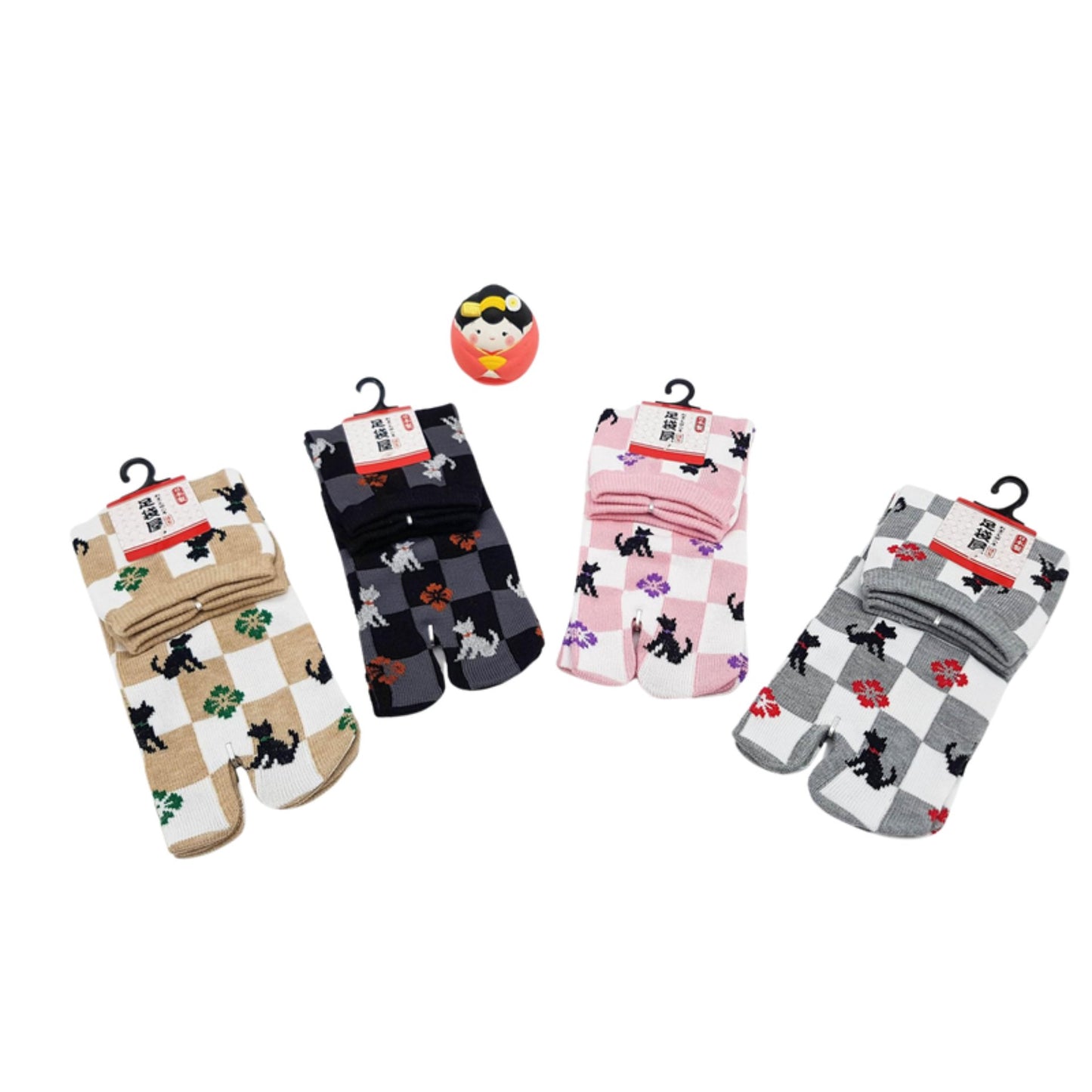 Chaussettes Japonaises Tabi en coton - Chat et Damier