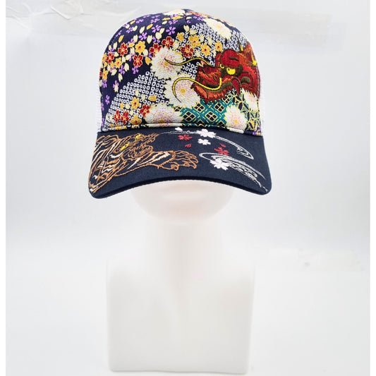 Casquette à résille blanche - Tigre, Dragon et Fleurs