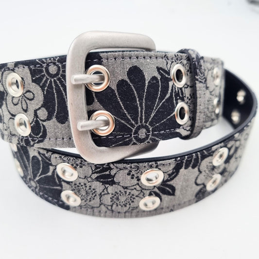 Ceinture japonaise imprimé Chirimen - Noir fleurs #3