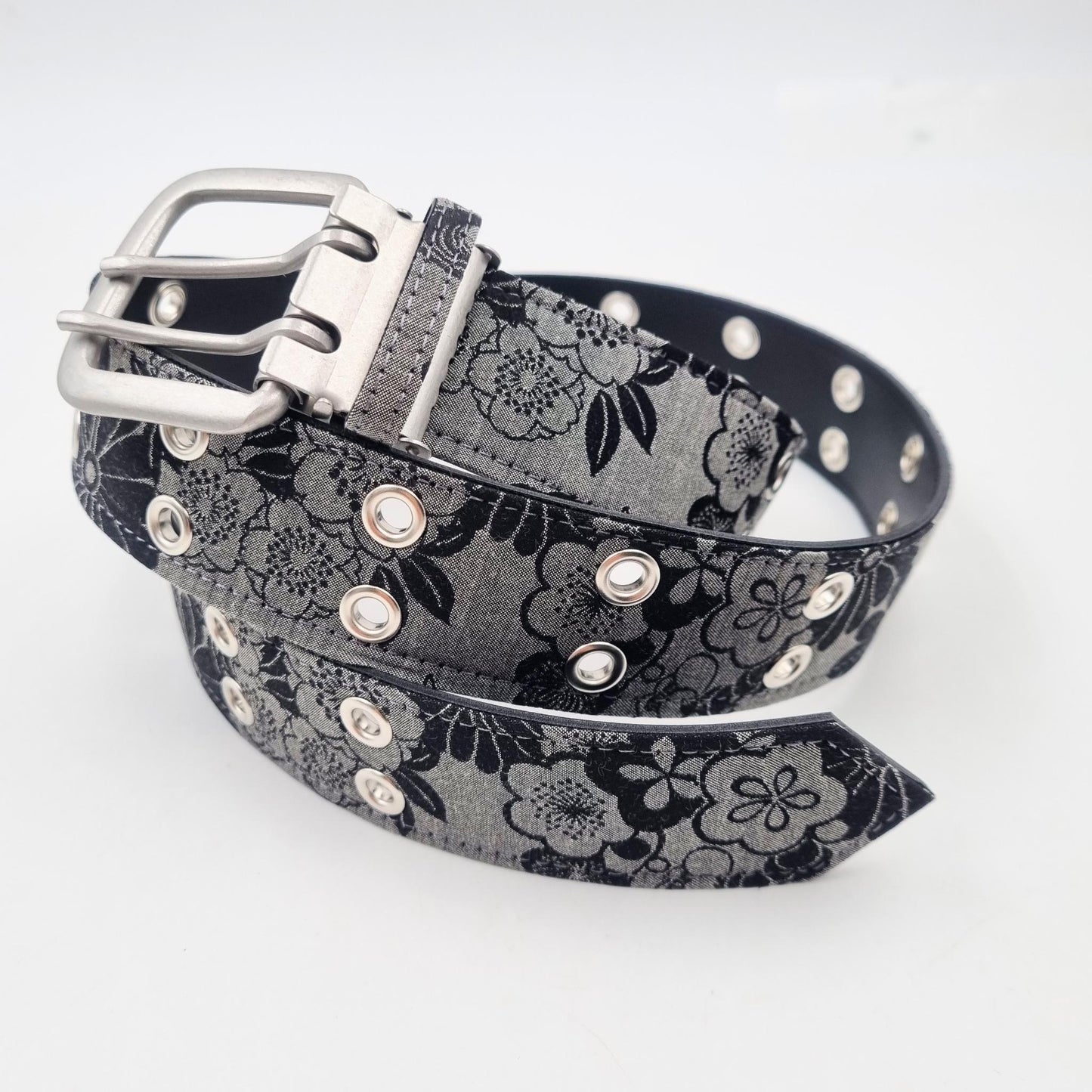 Ceinture japonaise imprimé Chirimen - Noir fleurs #3