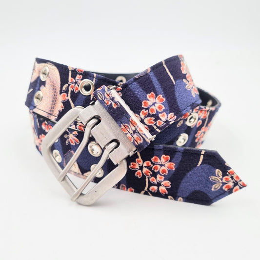 Ceinture japonaise imprimé Chirimen - Marine fleurs