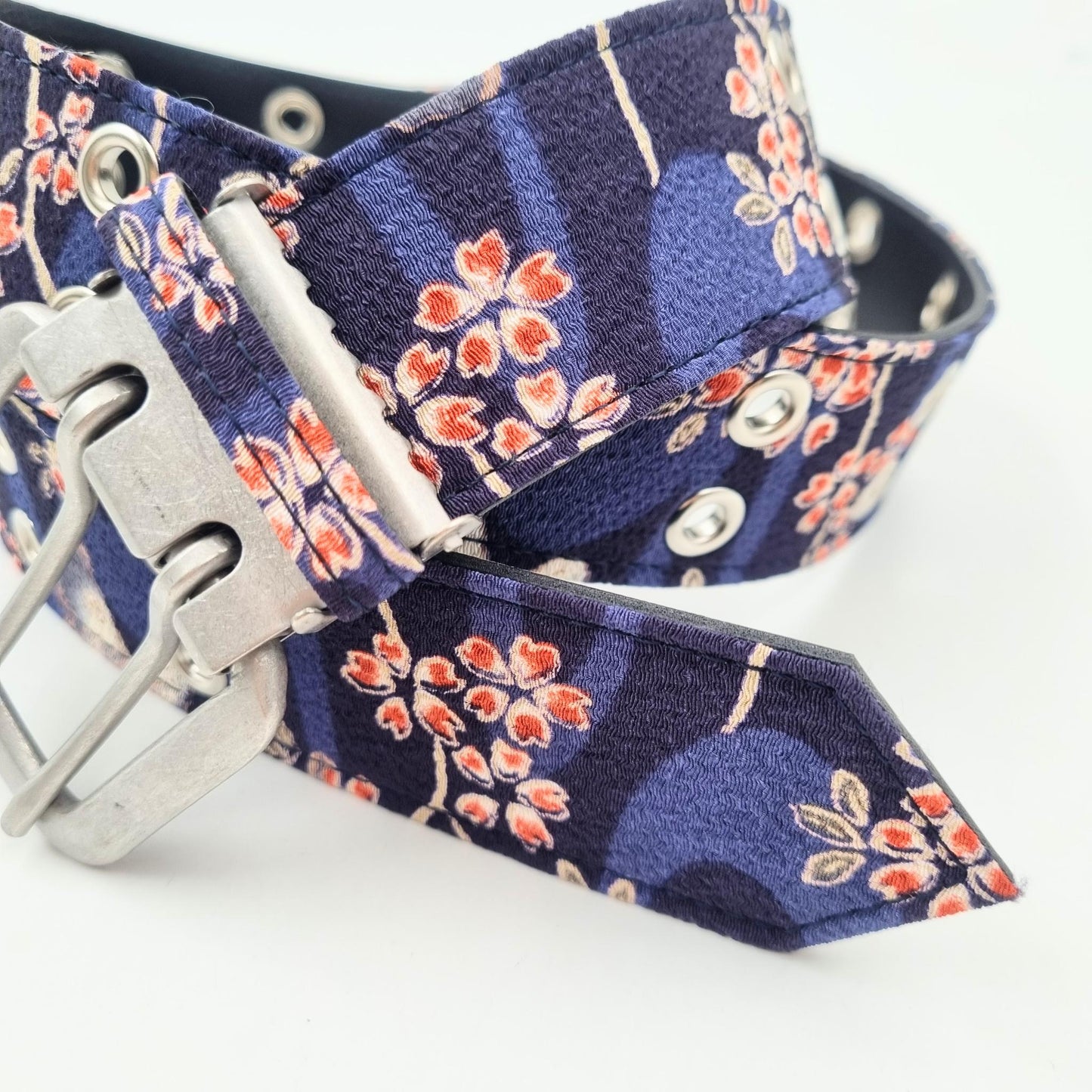 Ceinture japonaise imprimé Chirimen - Marine fleurs