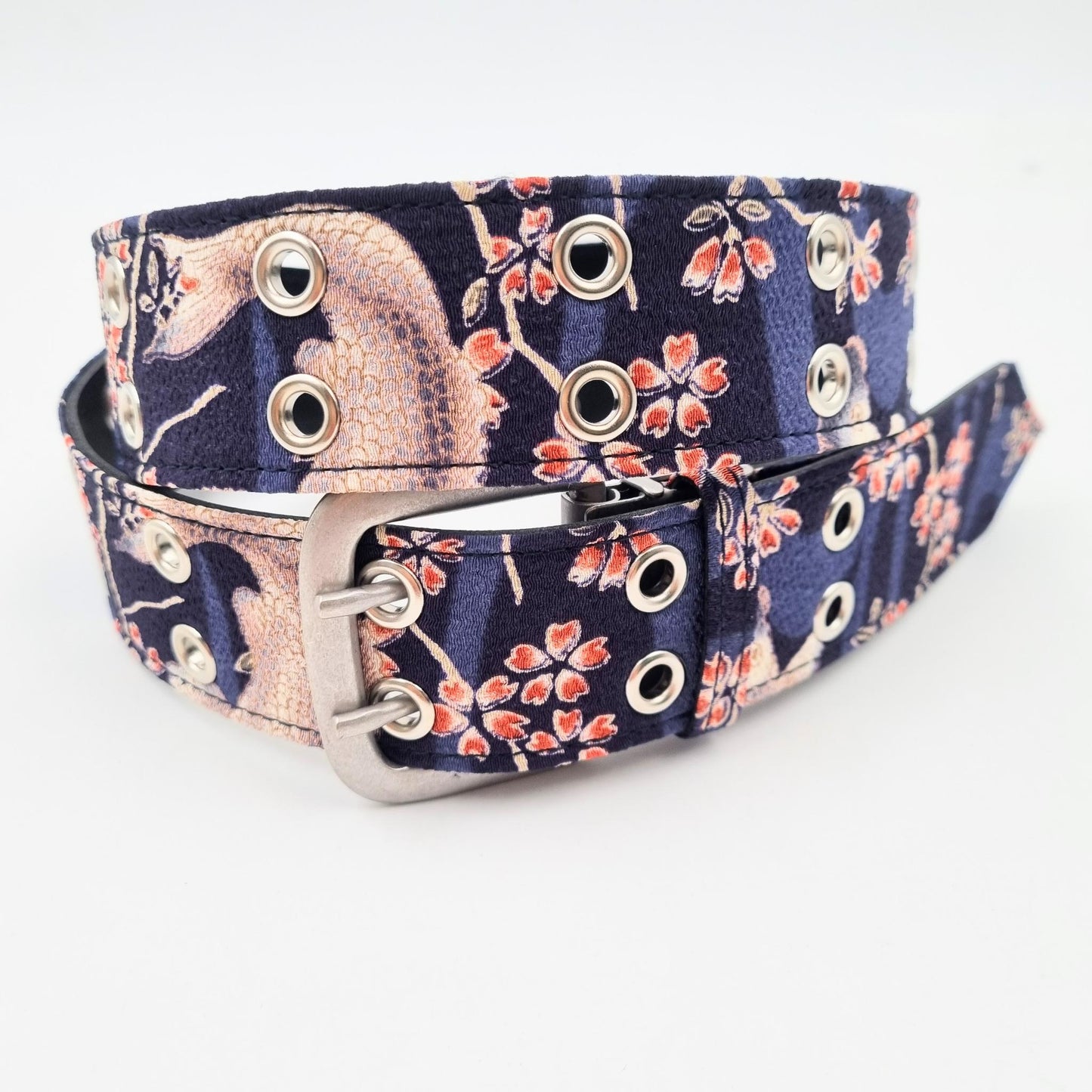 Ceinture japonaise imprimé Chirimen - Marine fleurs