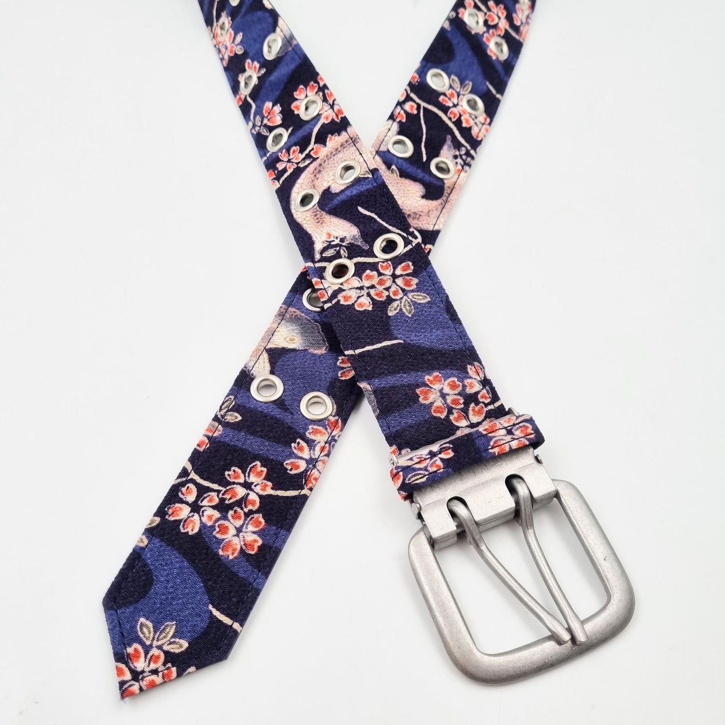 Ceinture japonaise imprimé Chirimen - Marine fleurs