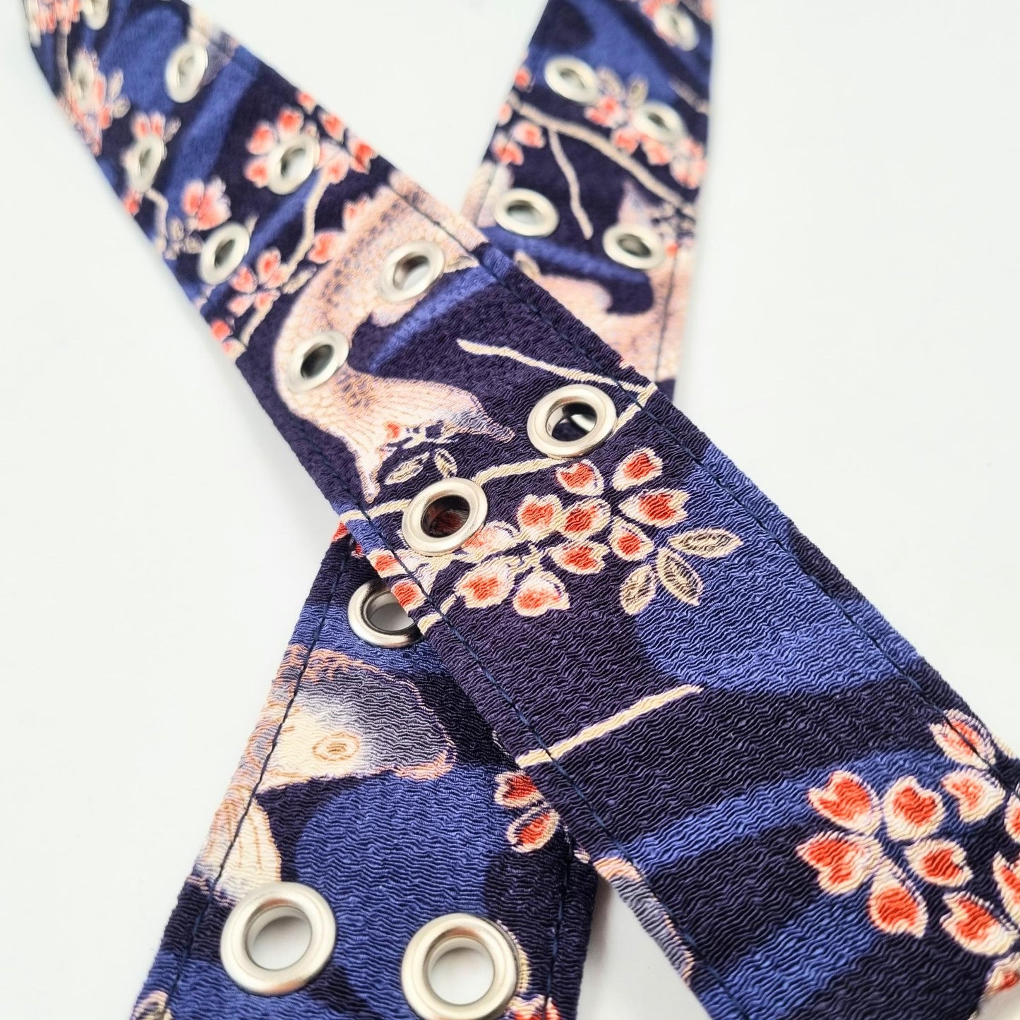 Ceinture japonaise imprimé Chirimen - Marine fleurs