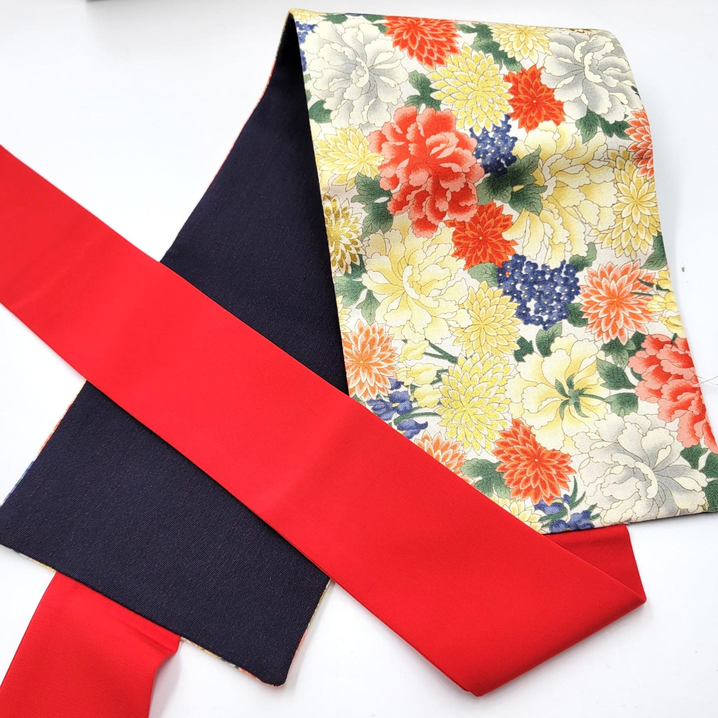 Ceinture réversible Musubi en coton - Pivoine et Chrysanthème