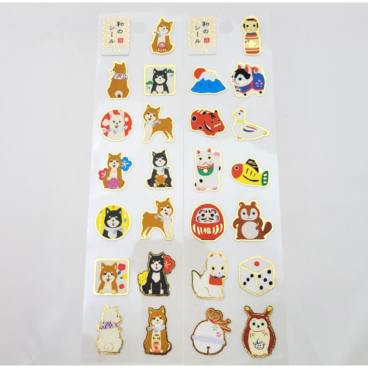 Japanese Stickers: Stickers featuring Japanese folk toys and a Shiba Inu dog