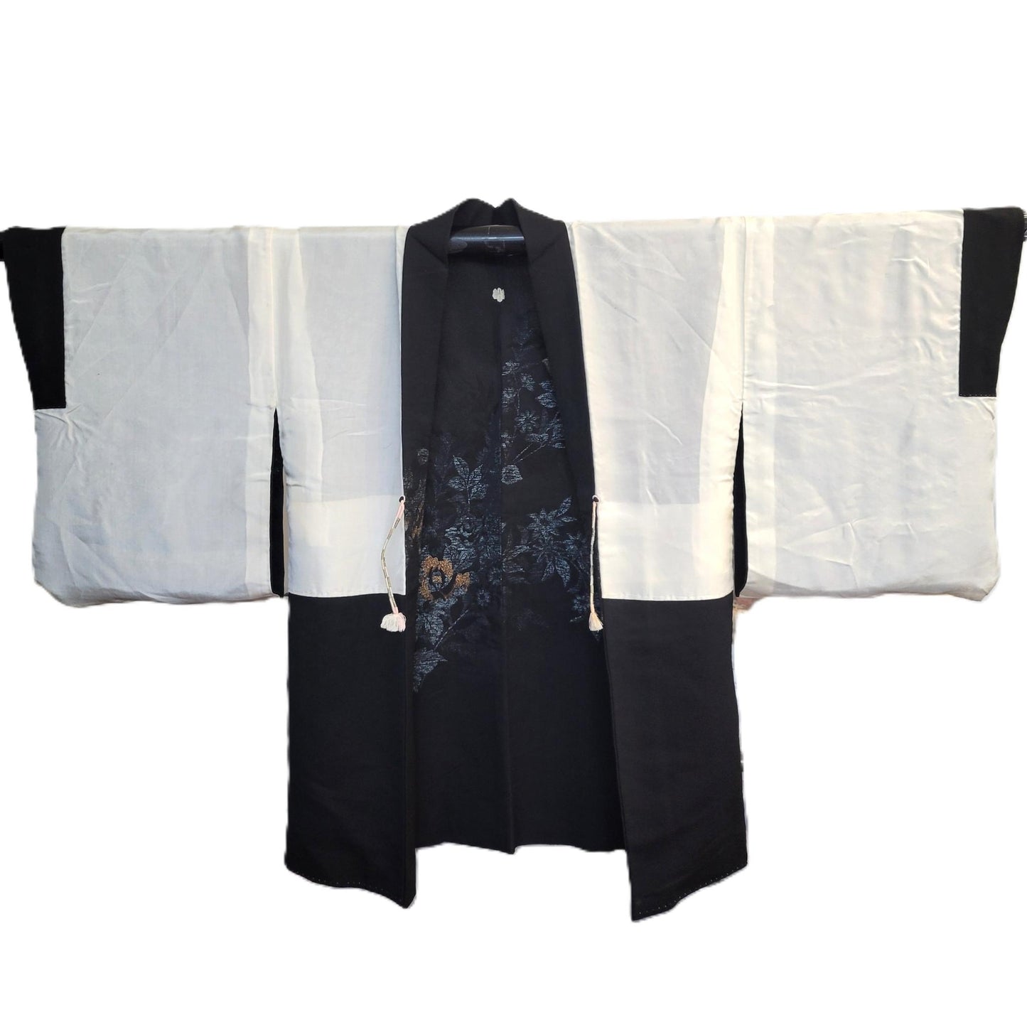 Vintage Japanese Silk Haori Jacket - Authentic Kimono Robe Noir [Des roses]