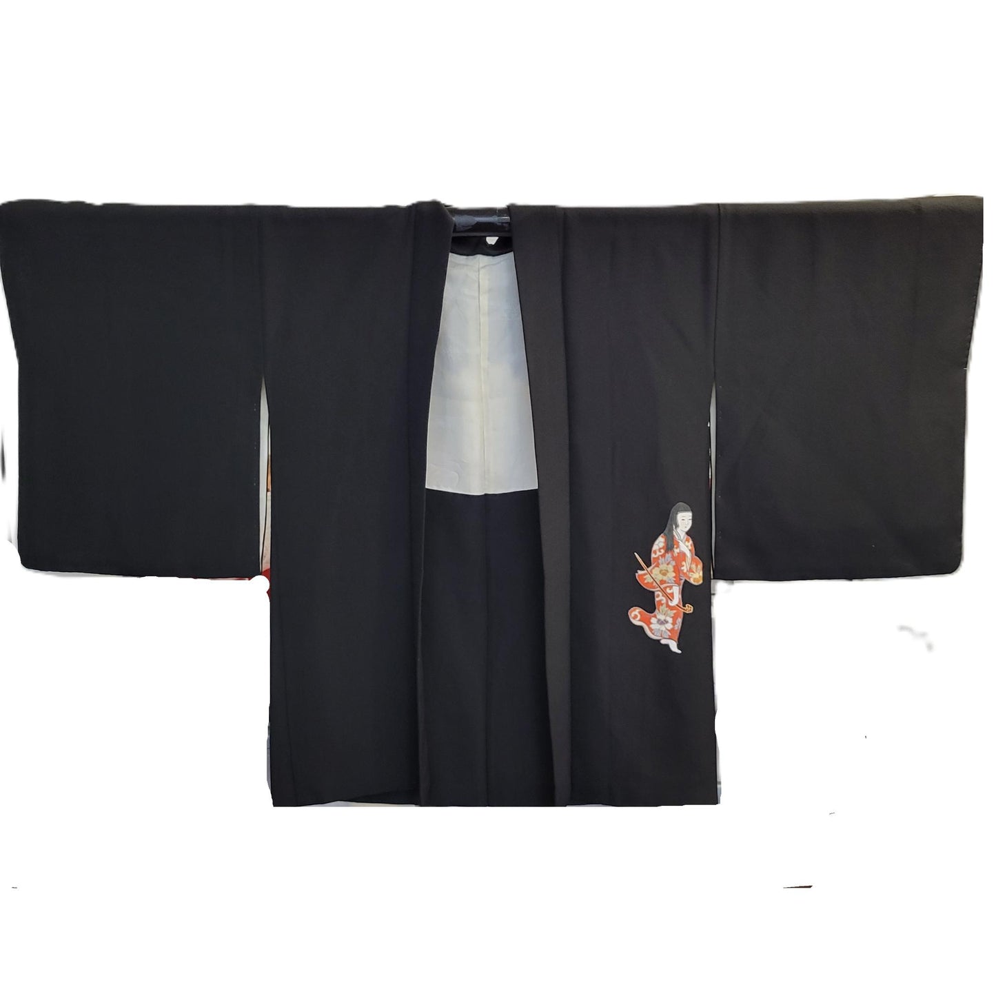 Vintage Japanese Silk Haori Jacket - Authentic Kimono Robe Noir  [Les enfants jouent]