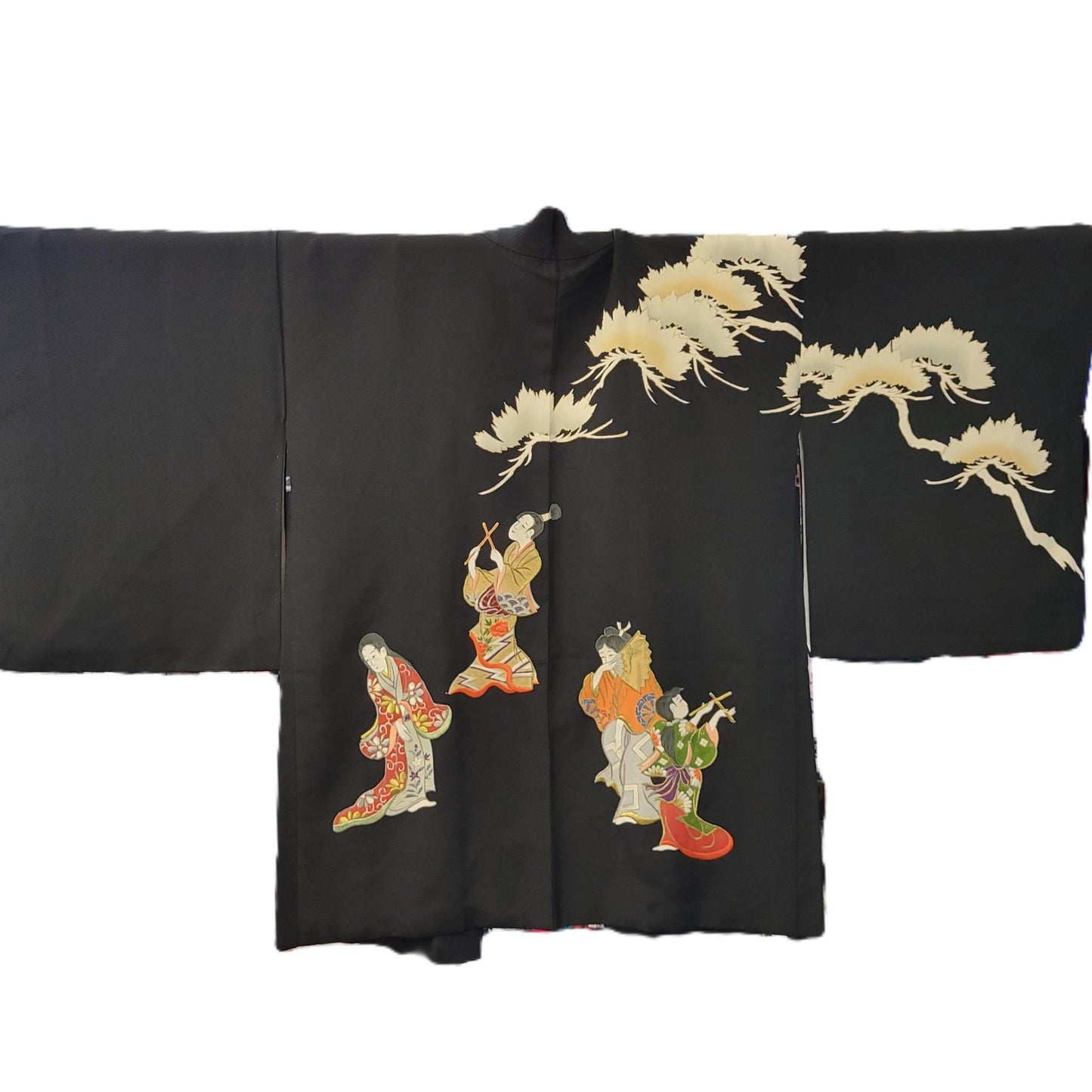Vintage Japanese Silk Haori Jacket - Authentic Kimono Robe Noir  [Les enfants jouent]