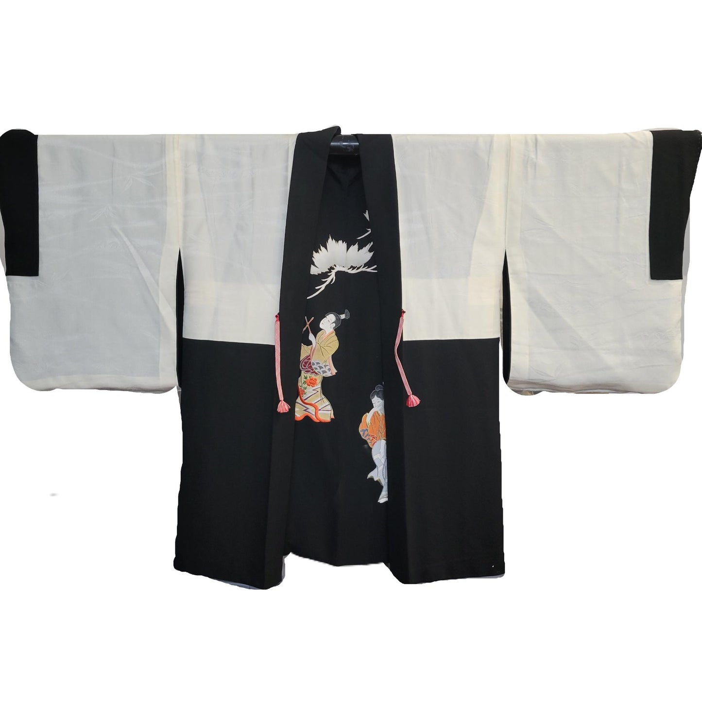 Vintage Japanese Silk Haori Jacket - Authentic Kimono Robe Noir  [Les enfants jouent]