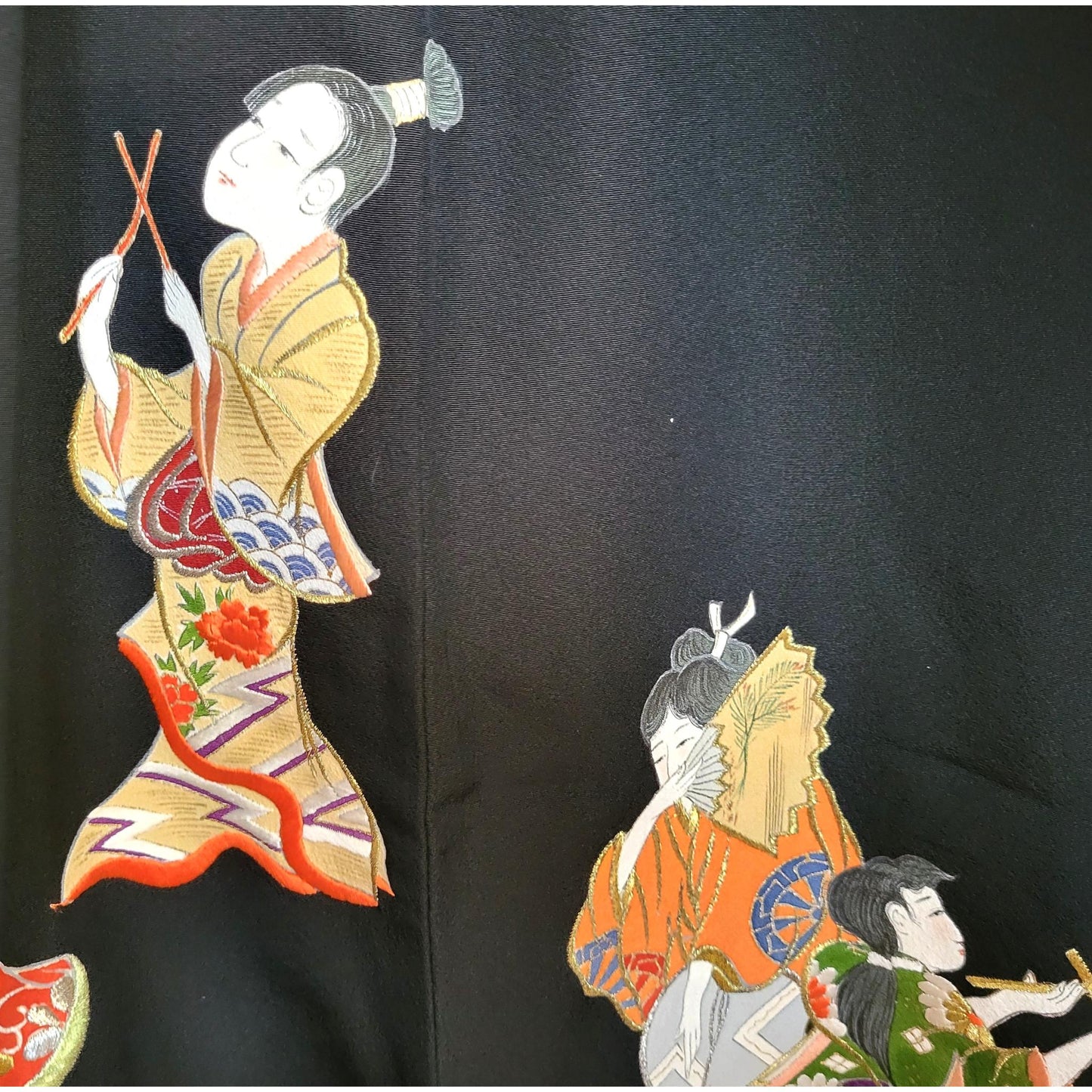 Vintage Japanese Silk Haori Jacket - Authentic Kimono Robe Noir  [Les enfants jouent]