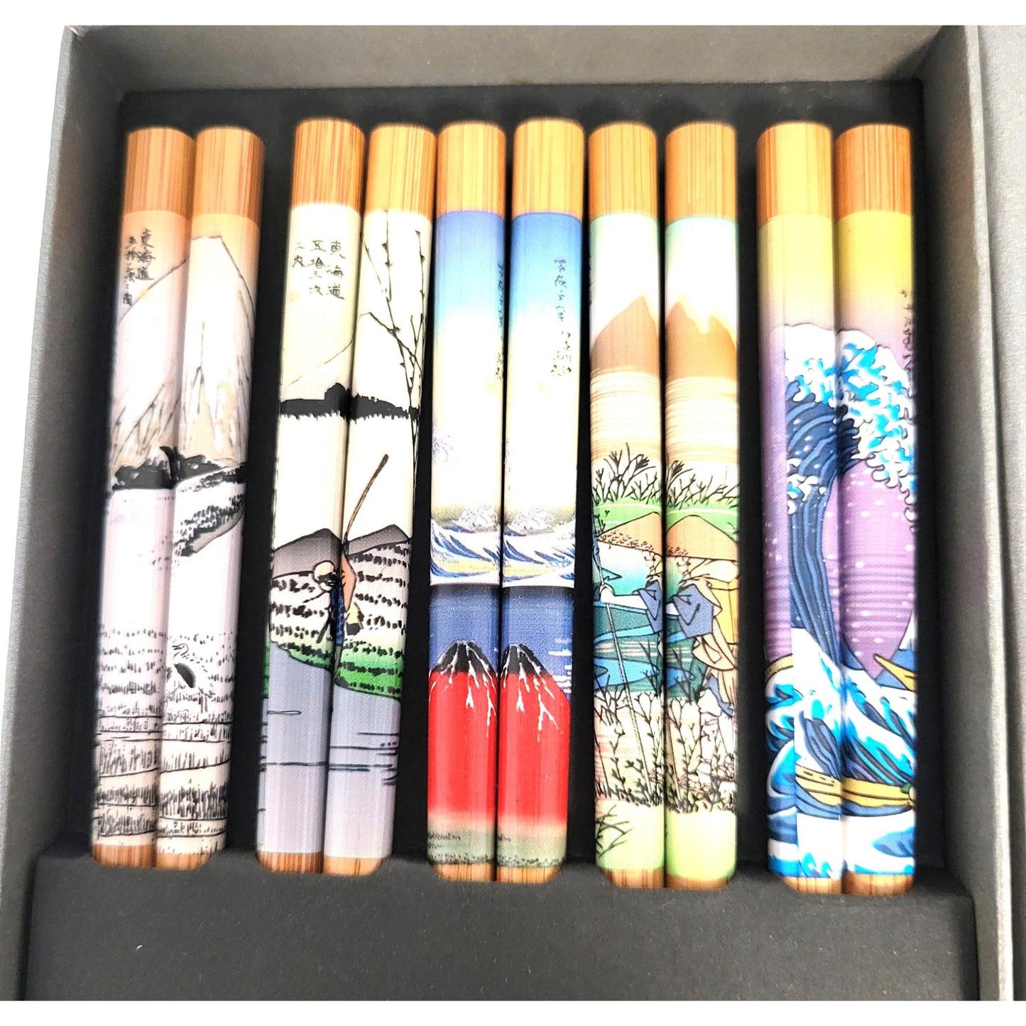 Lot de 5 Paires de Baguettes Bambou - UKIOE Hokusai le noir et le bois