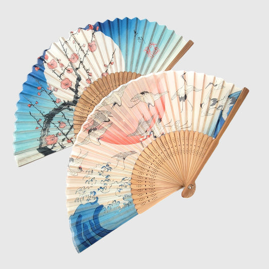 Collection Eventail AOI - Motif UKIYOE Japonais Hiroshige Plum rouge et Grue