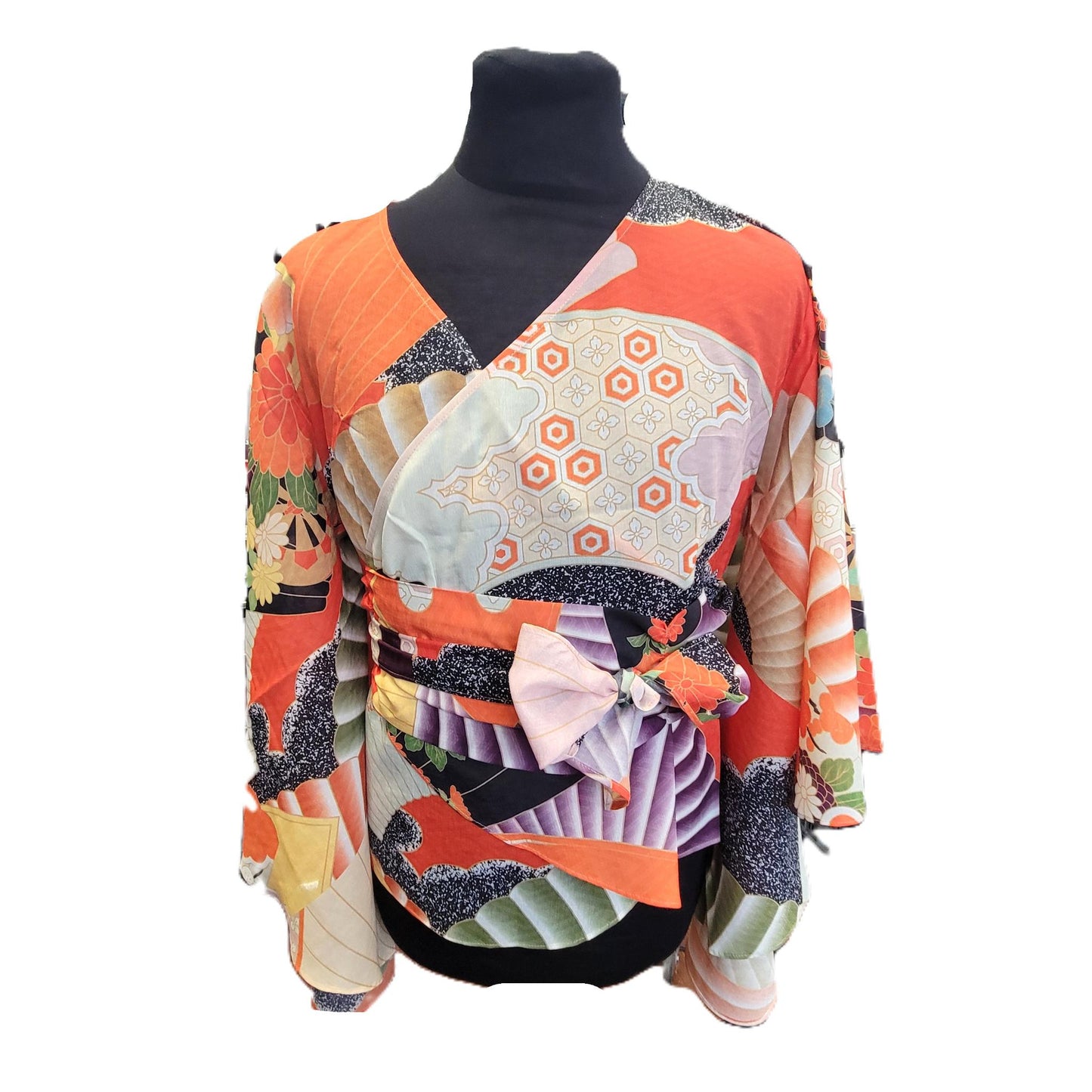 Blouse Cache-Cœur Style Kimono – Motifs Traditionnels Japonais et Manches Fluides Noir