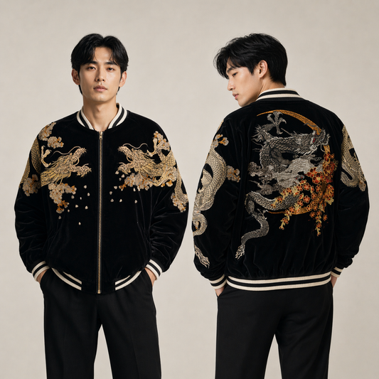 Blouson Sukajan en velours noir - Broderie Dragon japonais