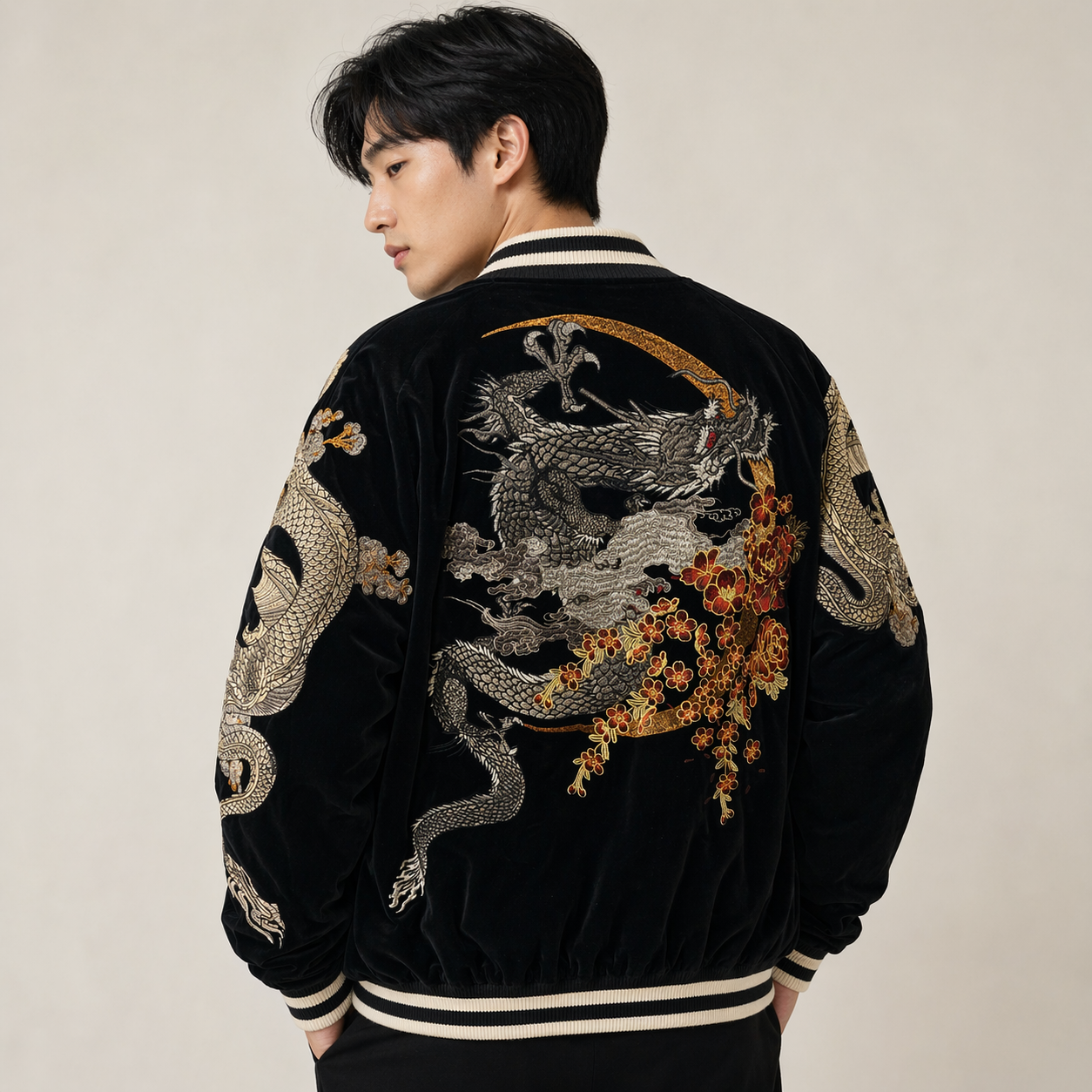 Black Velvet Sukajan Jacket - Japanese Dragon Embroidery