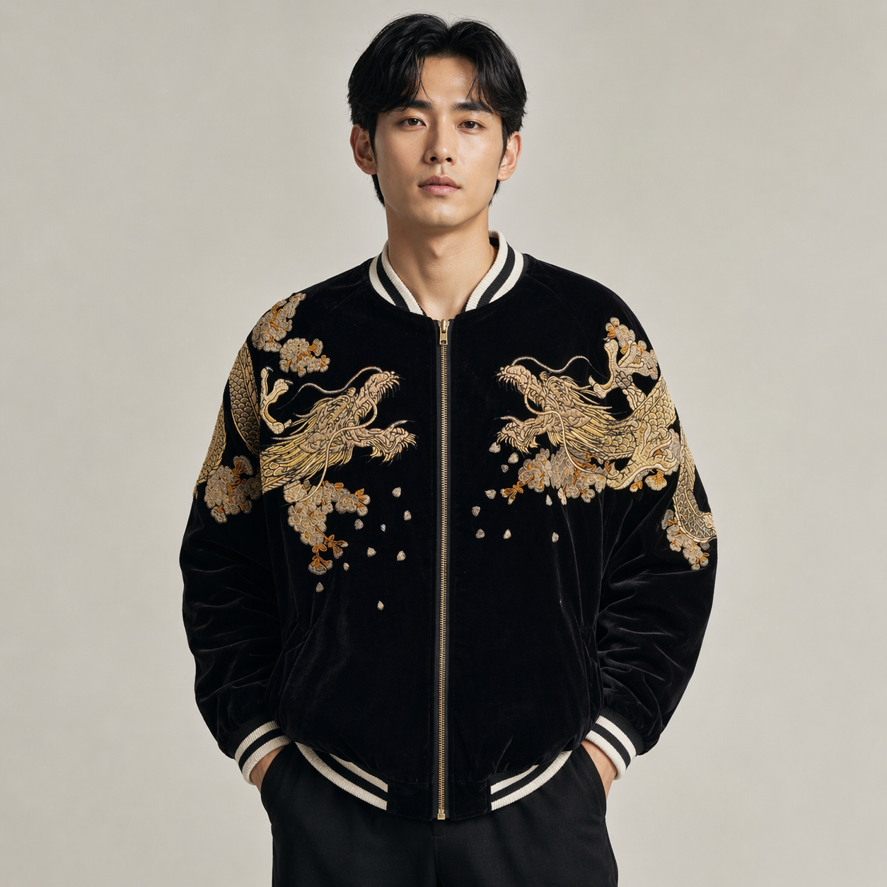 Black Velvet Sukajan Jacket - Japanese Dragon Embroidery