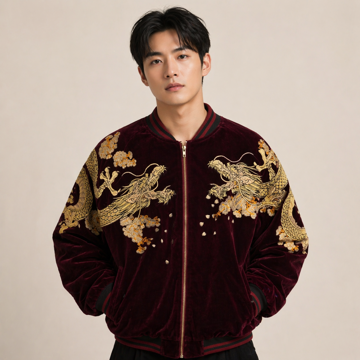 Blouson Sukajan en velours rouge - Broderie Dragon japonais