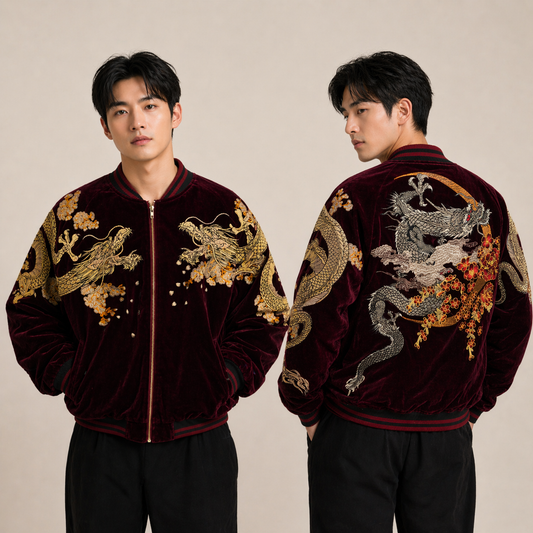 Blouson Sukajan en velours rouge - Broderie Dragon japonais