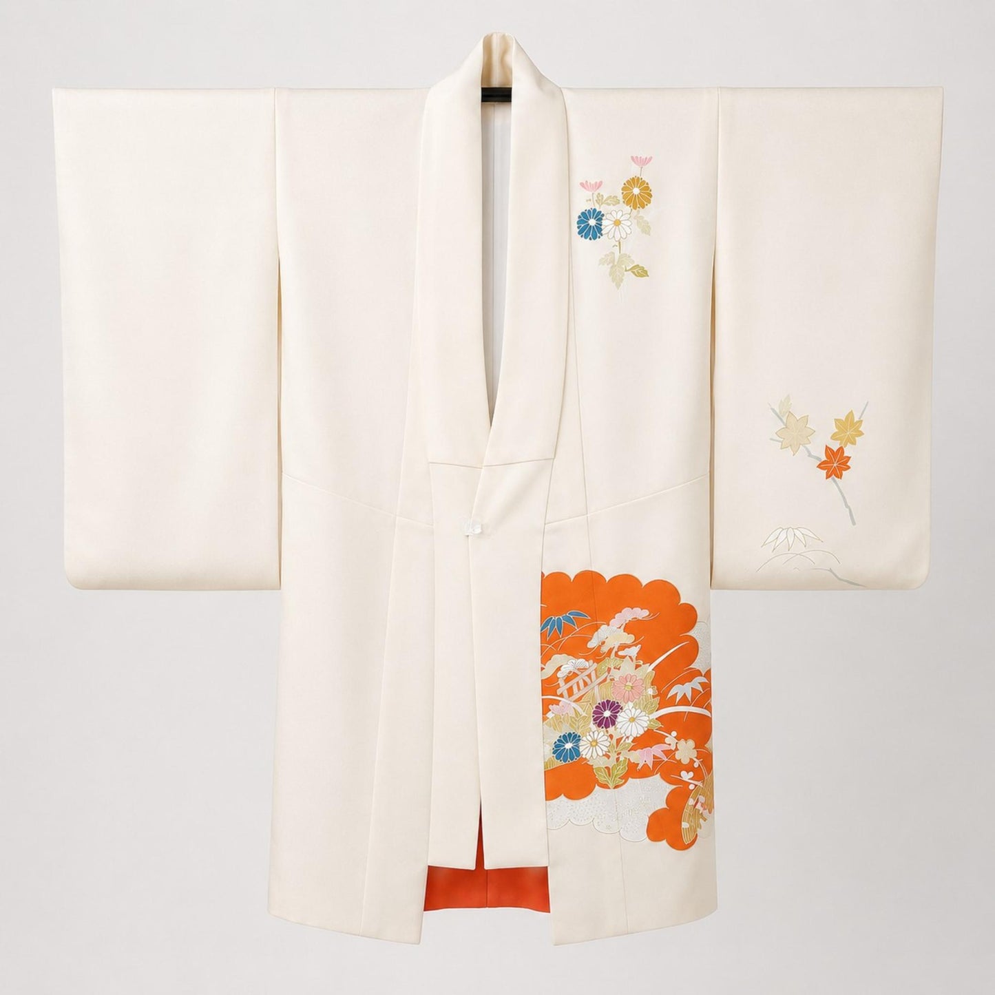 Veste Kimono Longue Raffinée – Teinte Ivoire et Motifs Traditionnels d'Éventails Orange Éclatant