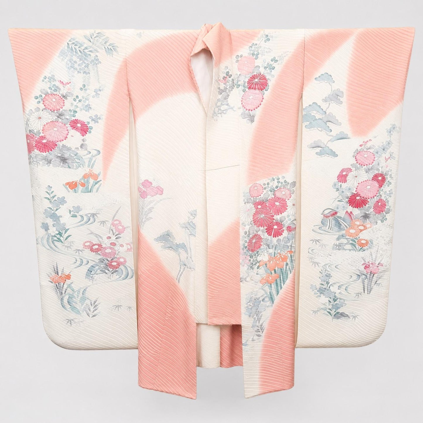 Veste Kimono Longue Poétique – Tons Crème et Rose Poudré aux Motifs Floraux Délicats