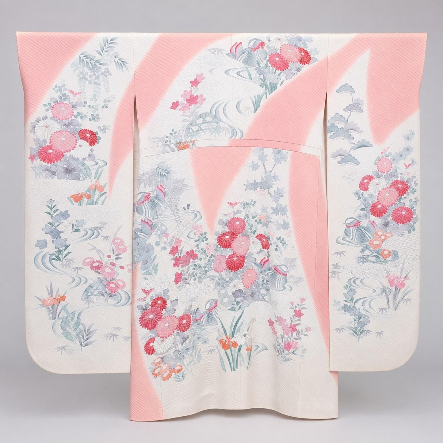 Veste Kimono Longue Poétique – Tons Crème et Rose Poudré aux Motifs Floraux Délicats