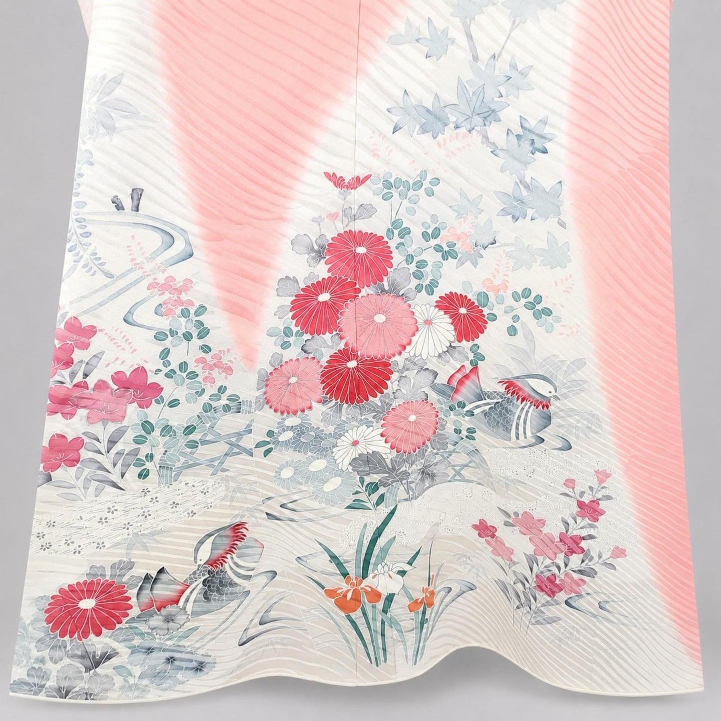 Veste Kimono Longue Poétique – Tons Crème et Rose Poudré aux Motifs Floraux Délicats