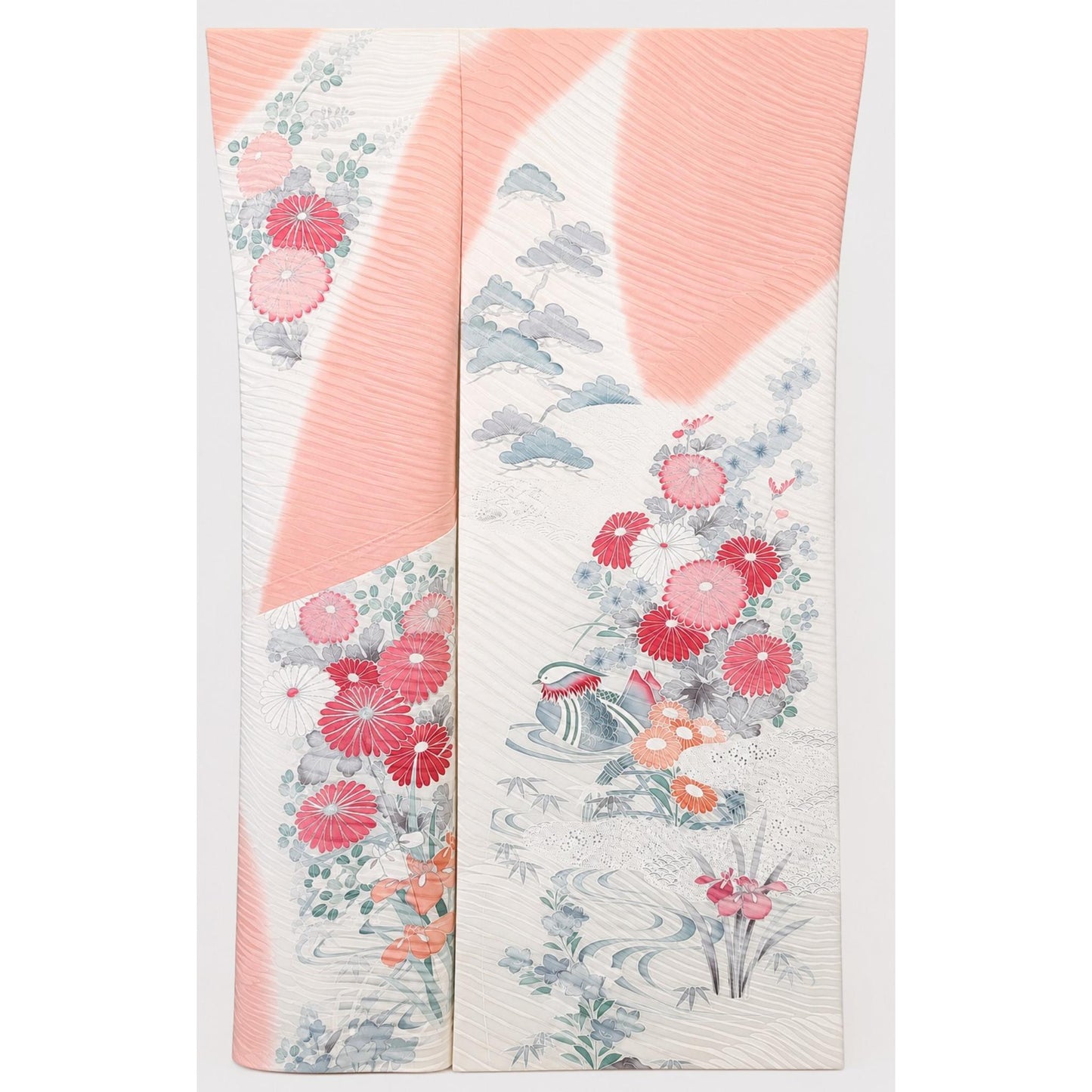 Veste Kimono Longue Poétique – Tons Crème et Rose Poudré aux Motifs Floraux Délicats