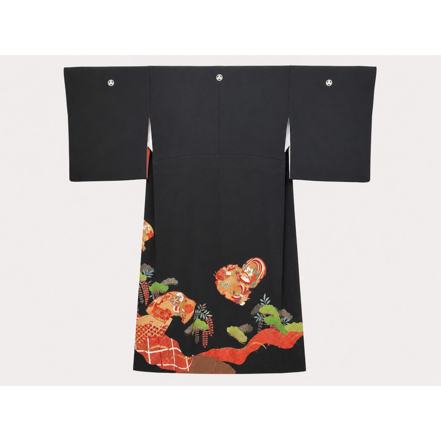 Veste Kimono Longue d'Exception – Noir Profond et Motifs Traditionnels d'Éventails et de Pins