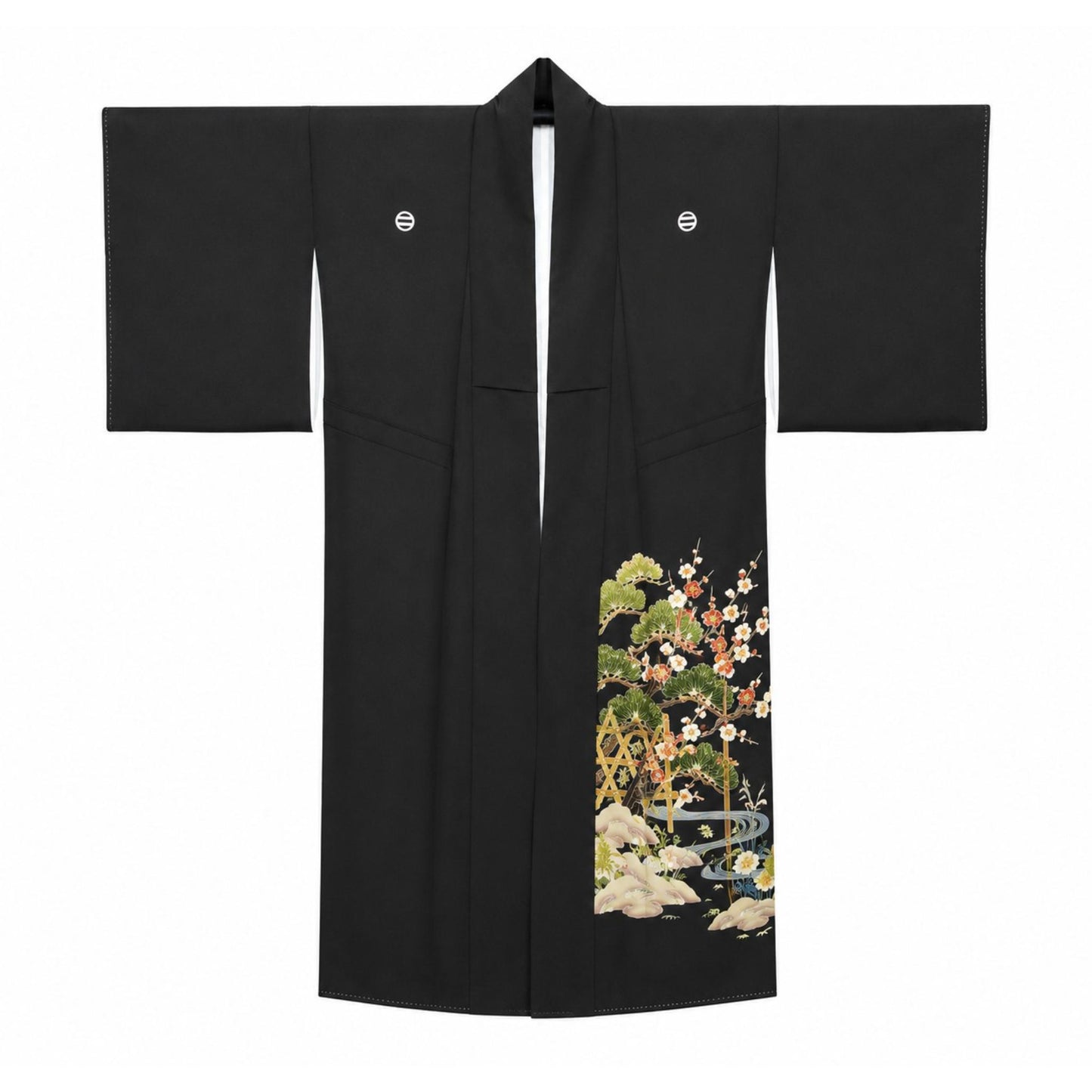 Veste Kimono Longue en Soie Noire – Kamon et Motifs Traditionnels Peints