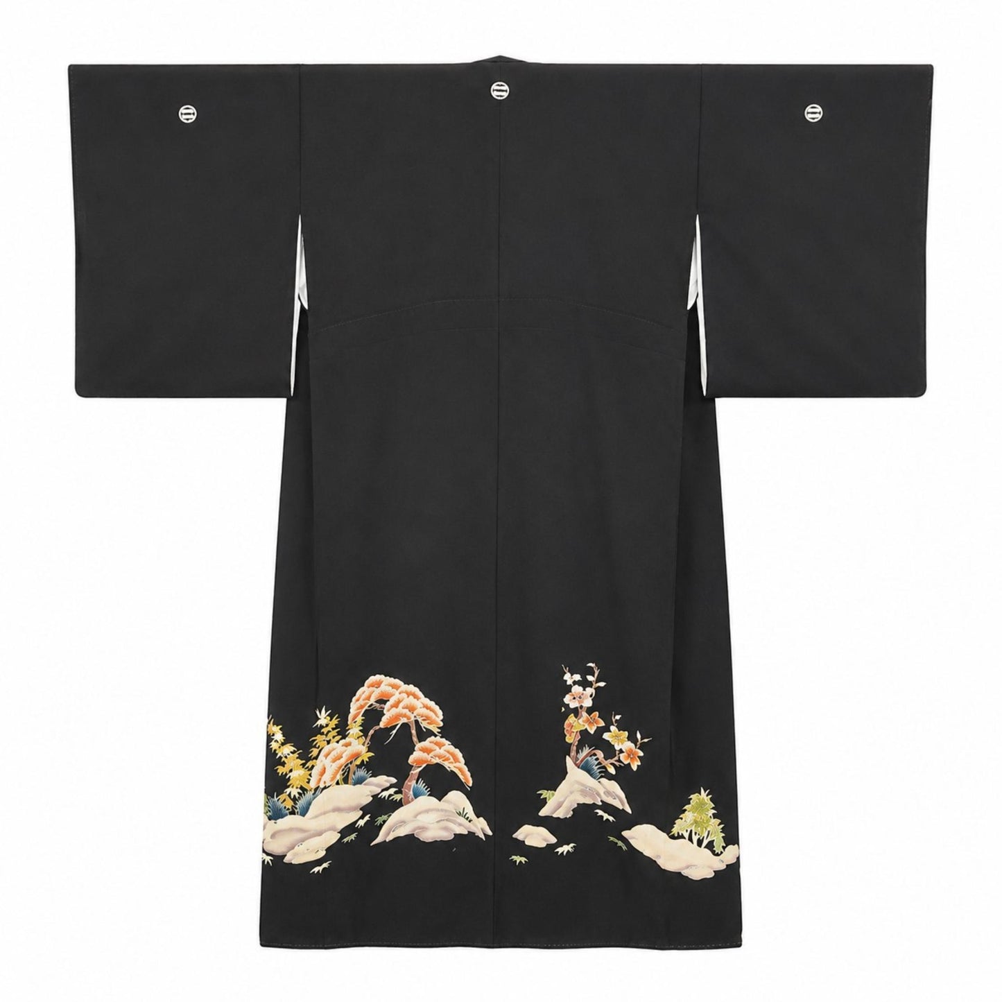 Veste Kimono Longue en Soie Noire – Kamon et Motifs Traditionnels Peints
