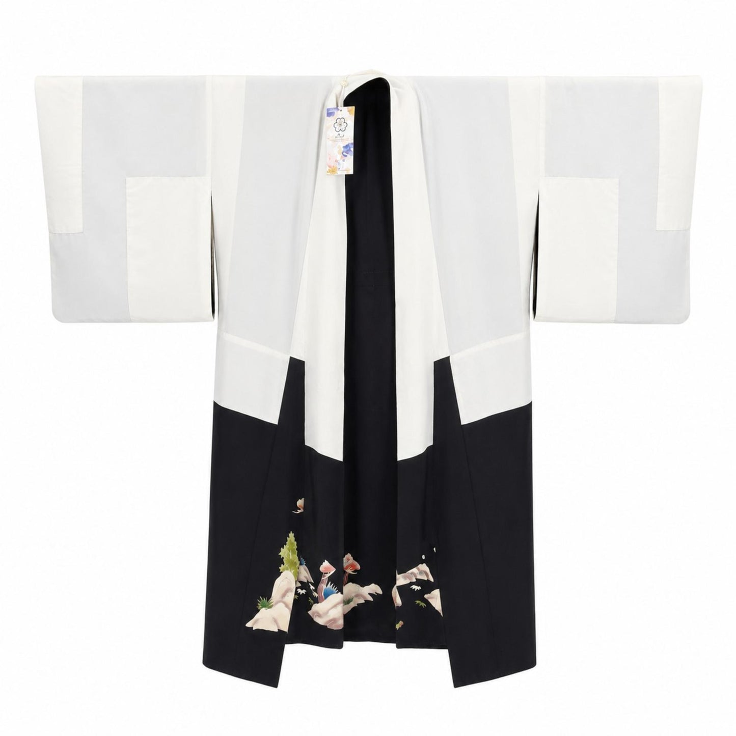 Veste Kimono Longue en Soie Noire – Kamon et Motifs Traditionnels Peints