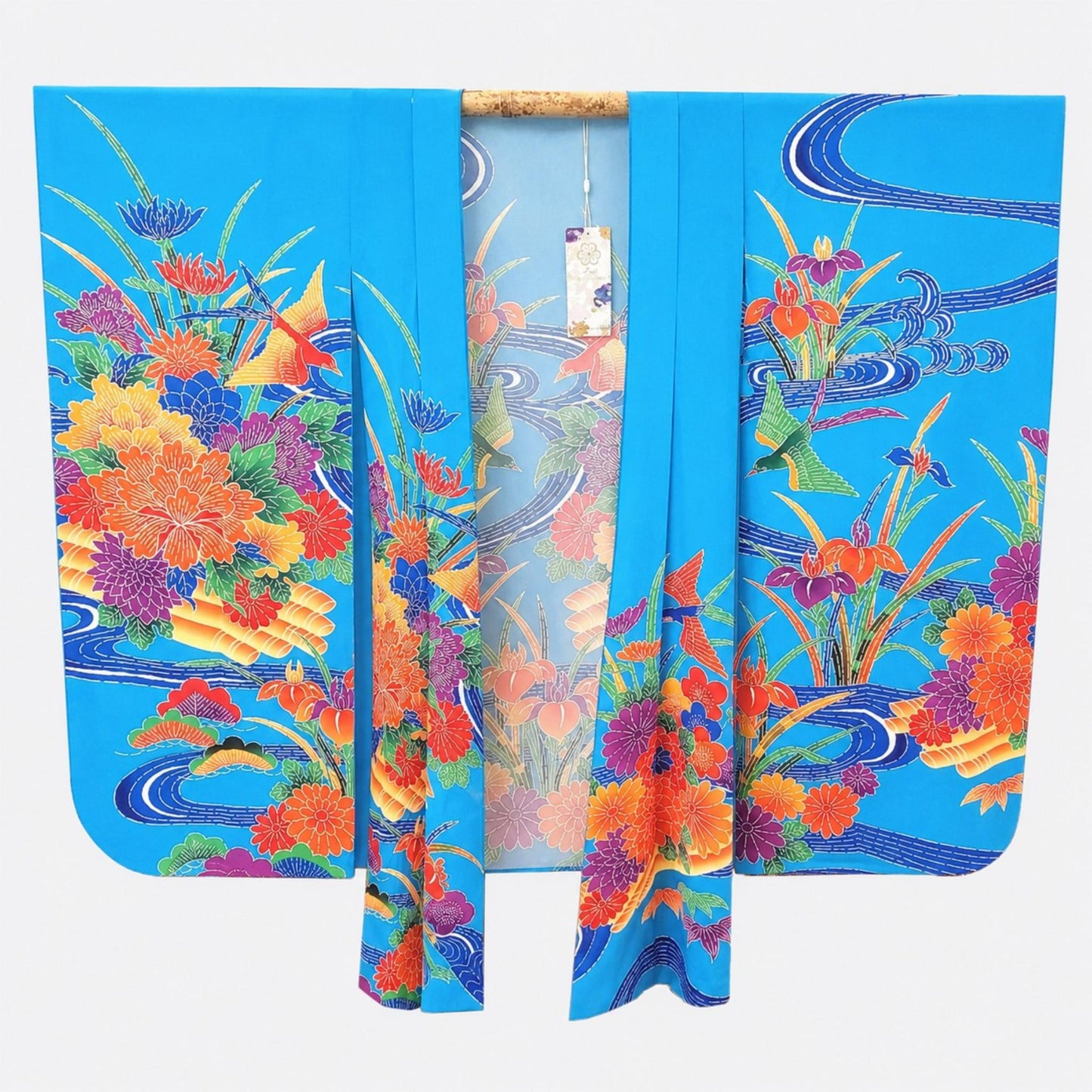 Kimono Cardigan Fluide en Soie – Bleu Éclatant à Motifs Floraux Traditionnels Bleu clair