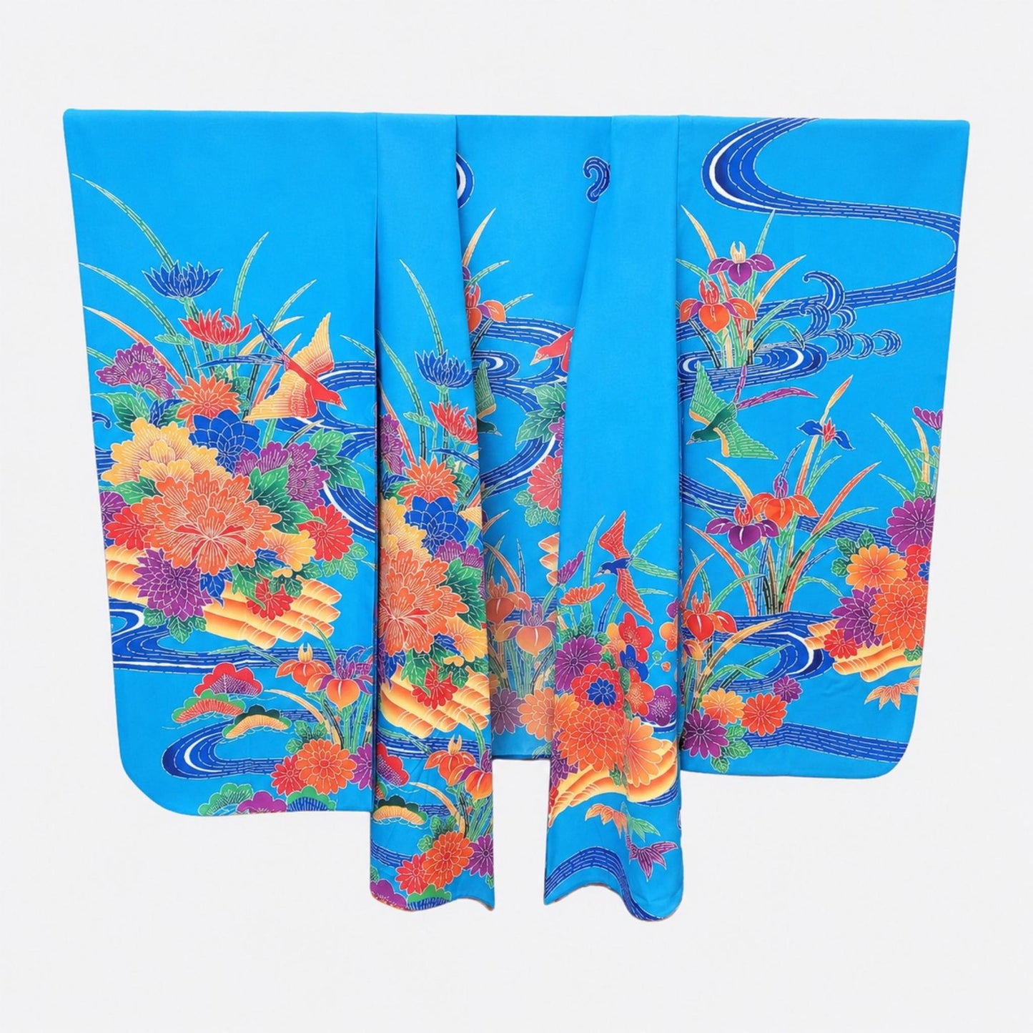 Kimono Cardigan Fluide en Soie – Bleu Éclatant à Motifs Floraux Traditionnels Bleu clair