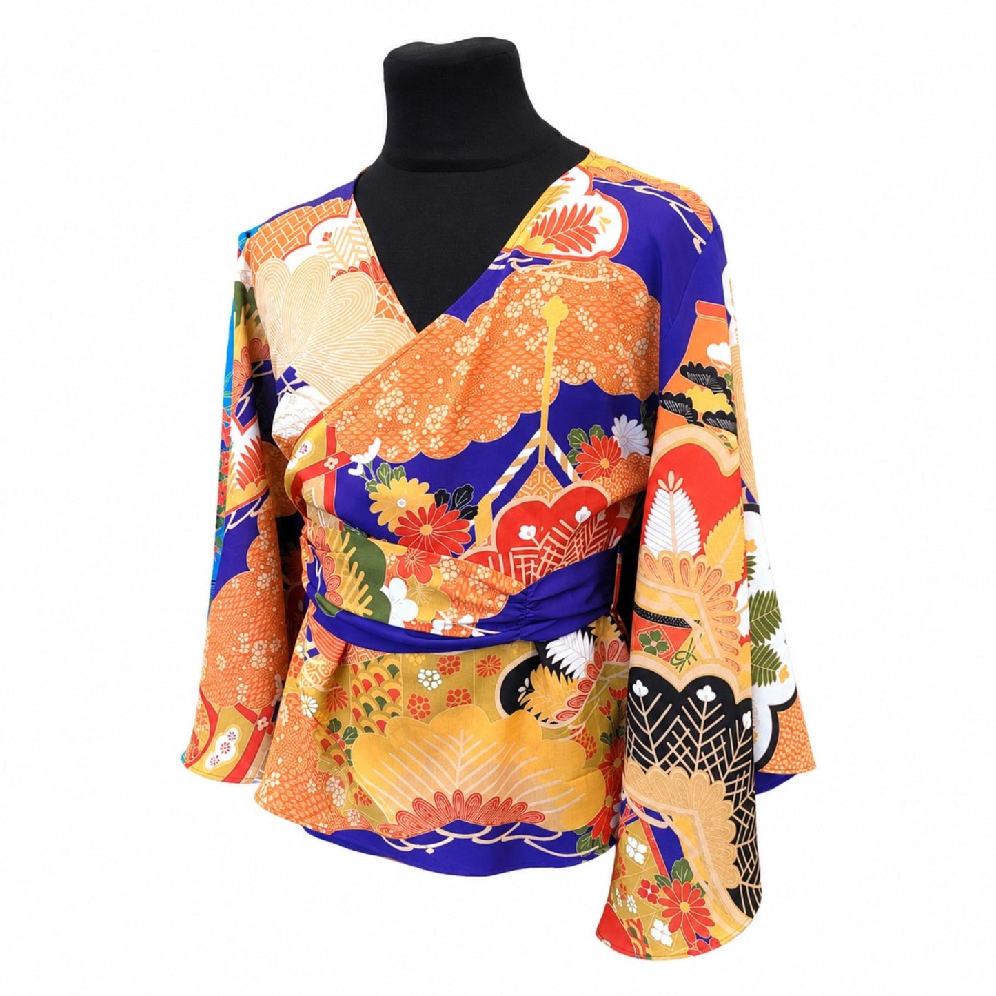 Kimono Wrap Blouse – Traditional Japanese Patterns and Flowing Sleeves Blue