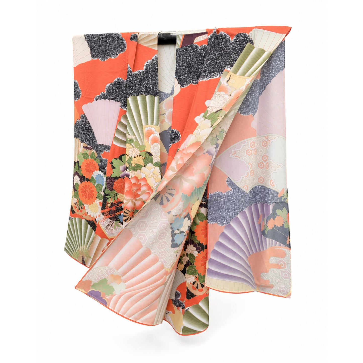 Kimono Cardigan Fluide en Soie – Bleu Éclatant à Motifs Floraux Traditionnels Orange