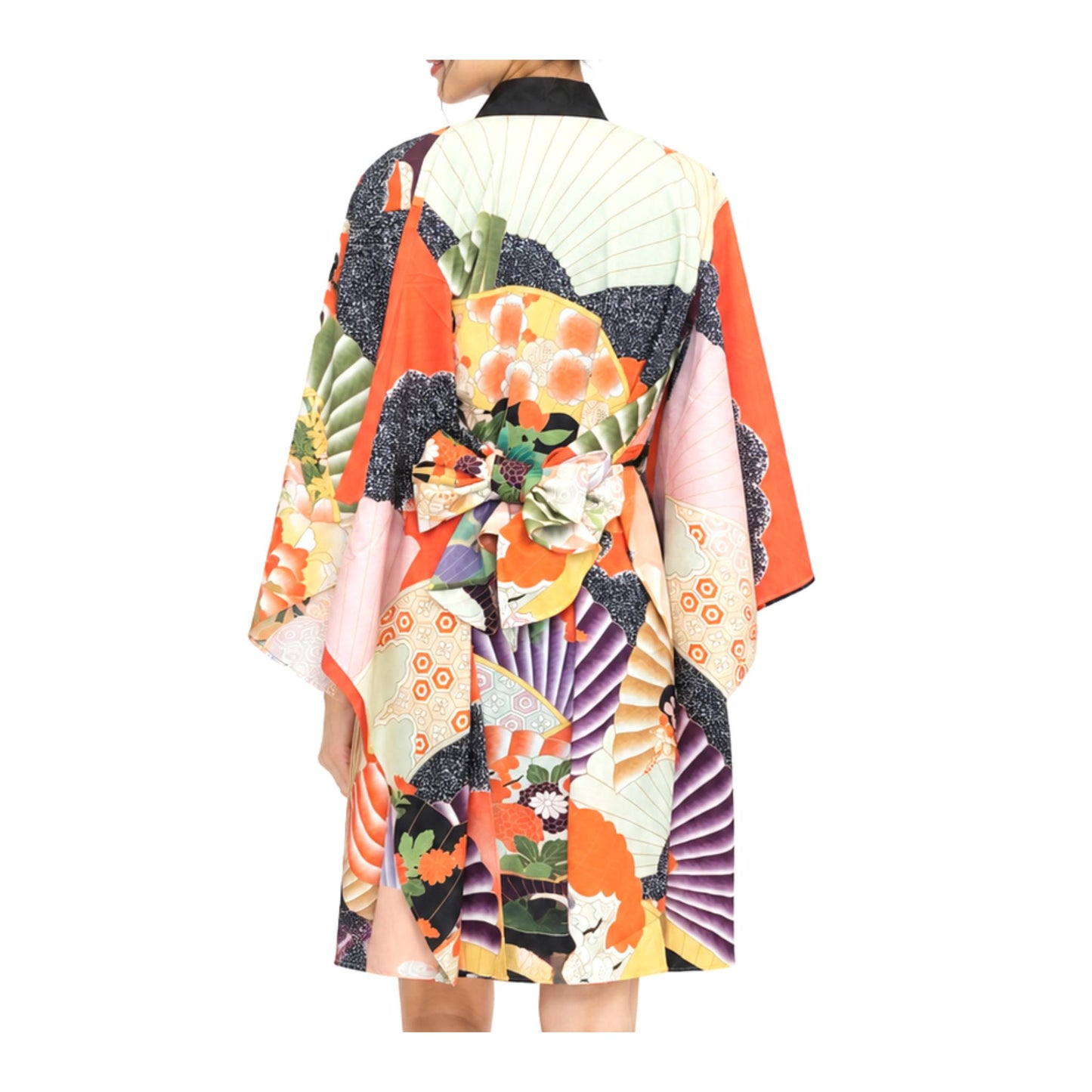 Kimono Cardigan Fluide en Soie – Bleu Éclatant à Motifs Floraux Traditionnels Orange