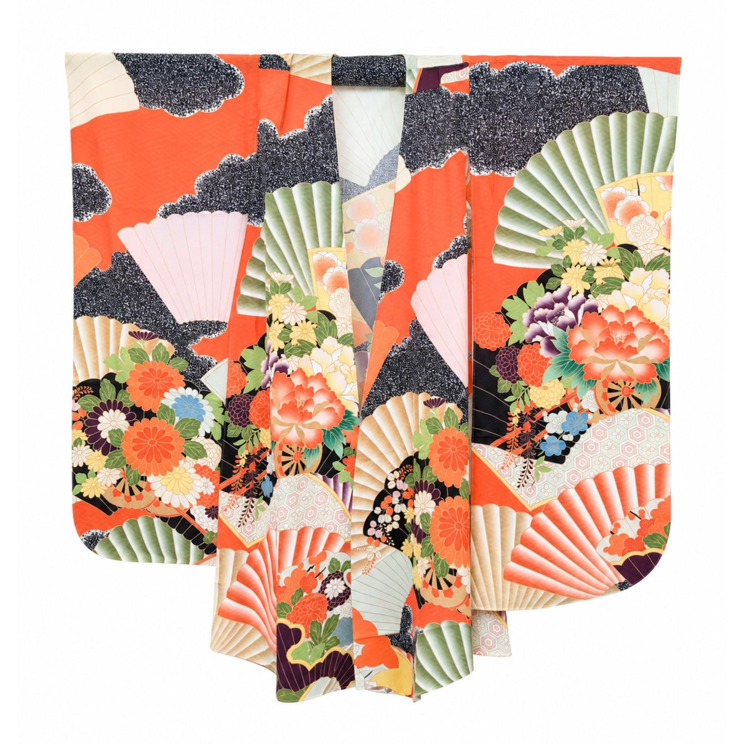 Kimono Cardigan Fluide en Soie – Bleu Éclatant à Motifs Floraux Traditionnels Orange