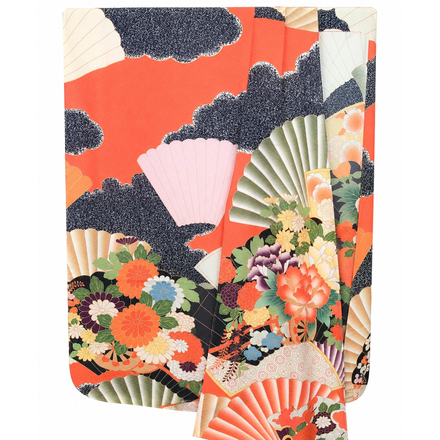 Kimono Cardigan Fluide en Soie – Bleu Éclatant à Motifs Floraux Traditionnels Orange