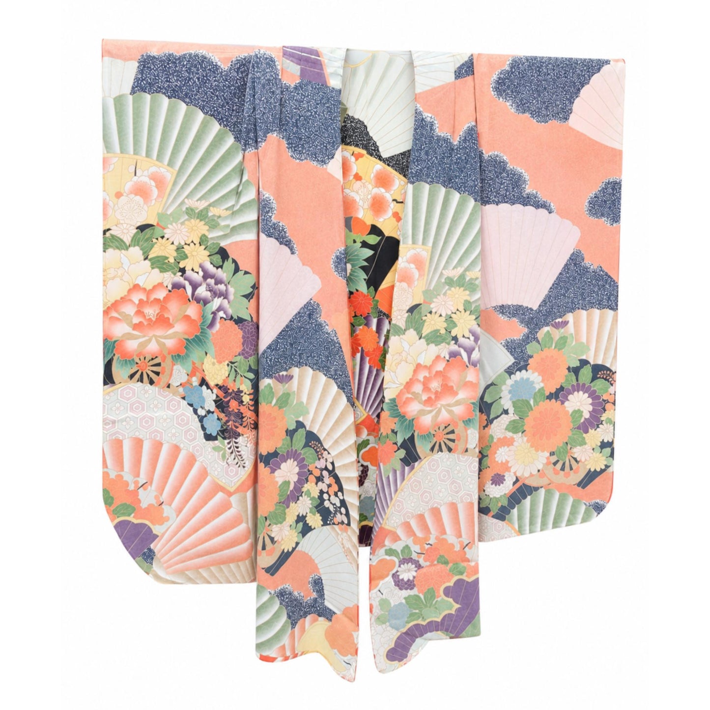 Kimono Cardigan Fluide en Soie – Bleu Éclatant à Motifs Floraux Traditionnels Orange