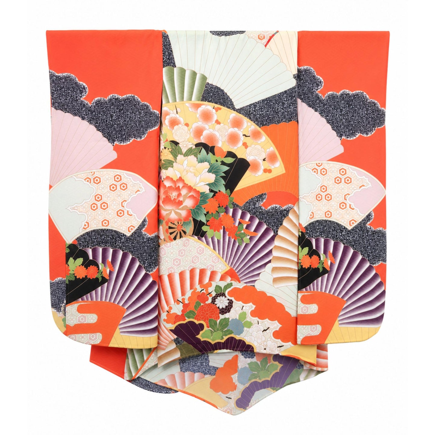 Kimono Cardigan Fluide en Soie – Bleu Éclatant à Motifs Floraux Traditionnels Orange