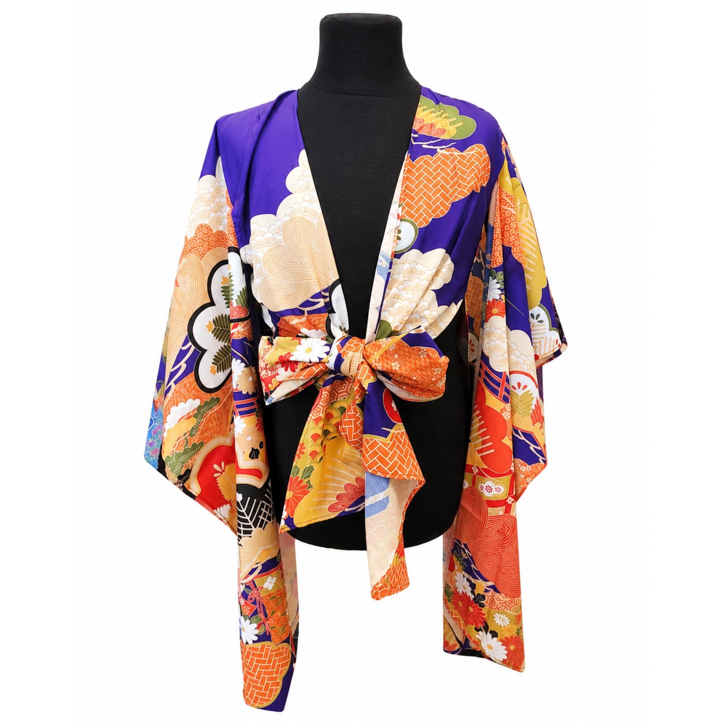 Kimono Cardigan Fluide en Soie – Bleu Éclatant à Motifs Floraux Traditionnels Bleu