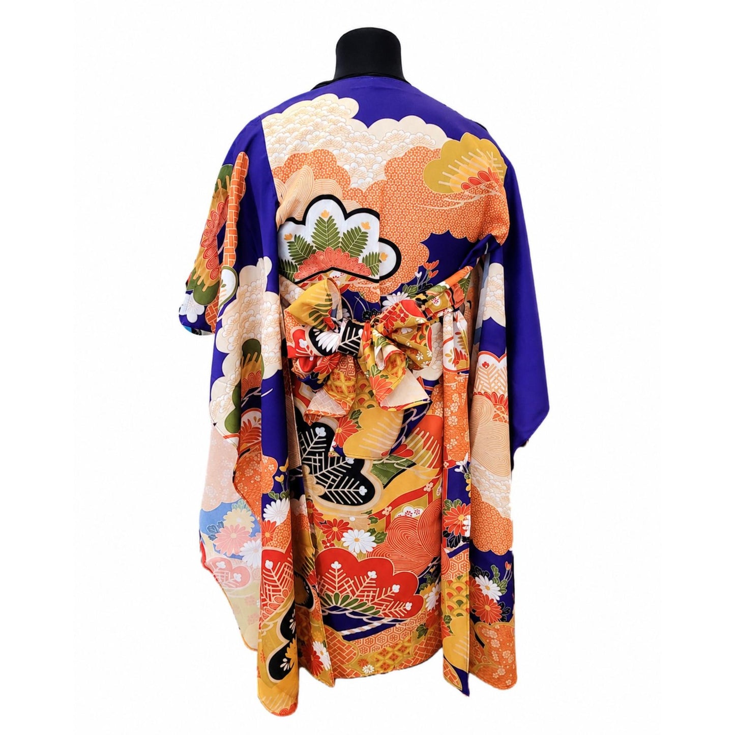 Kimono Cardigan Fluide en Soie – Bleu Éclatant à Motifs Floraux Traditionnels Bleu